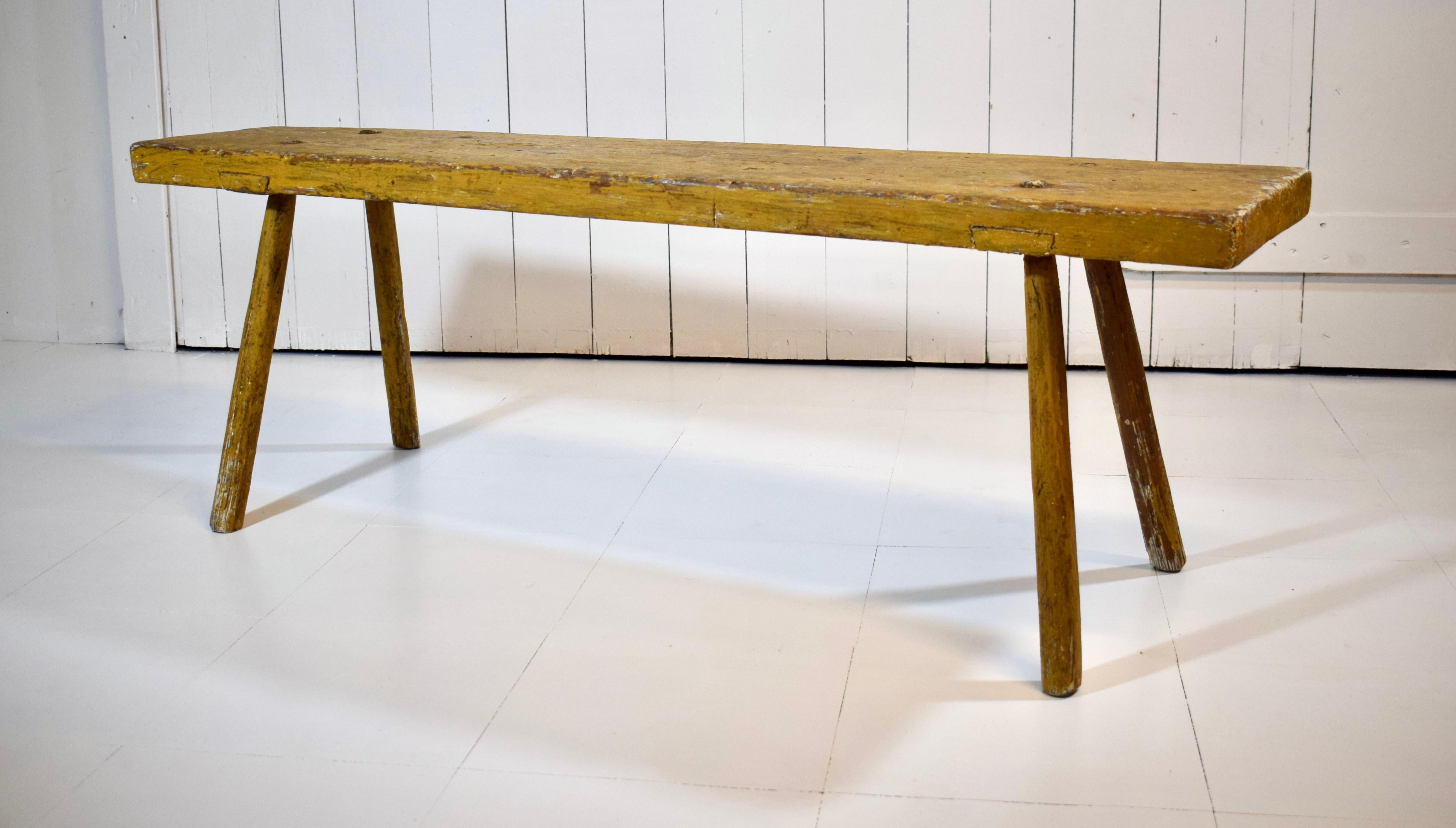 Hand-Painted Rustic Splay Leg Primitive Mortis & Tenon Bench For Sale