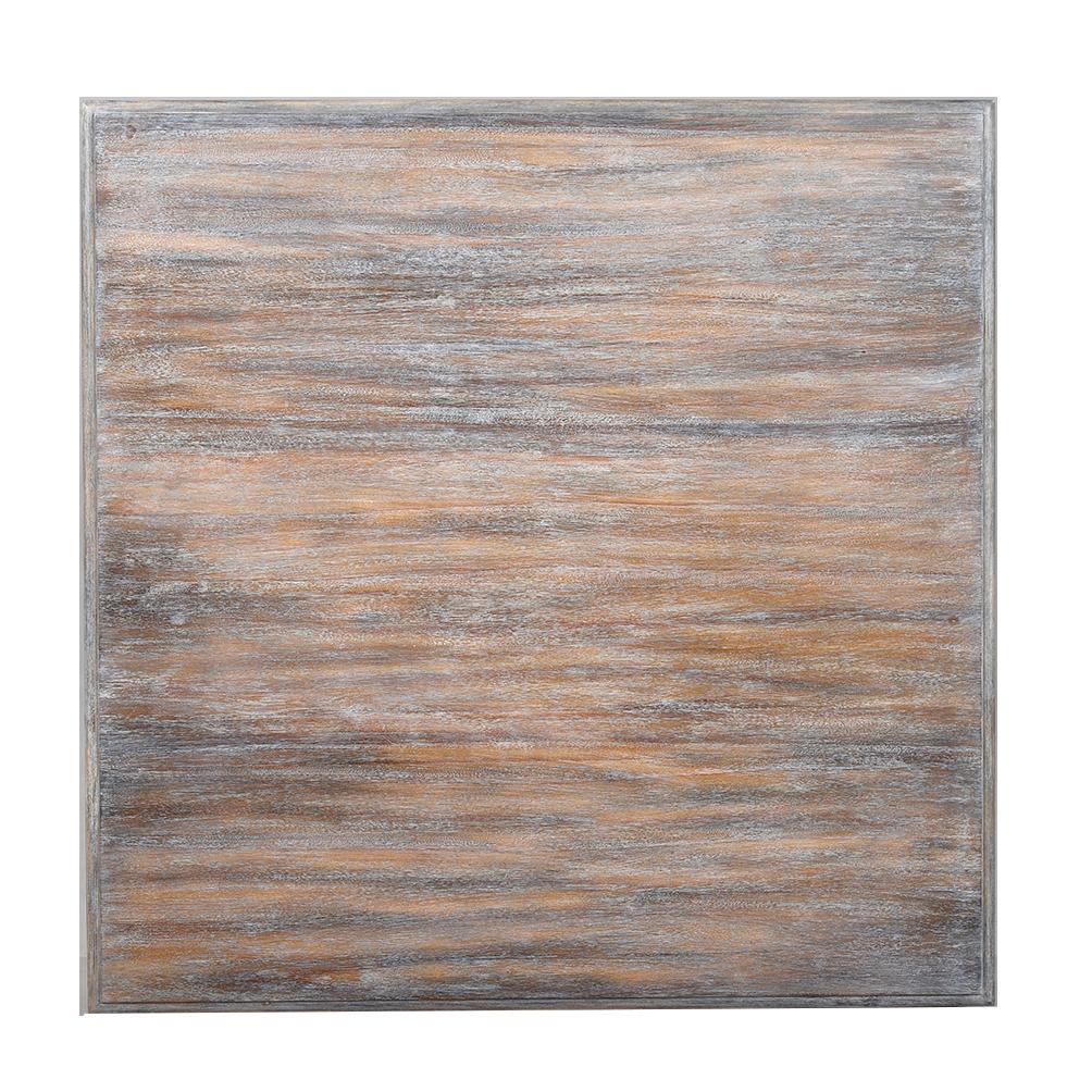 A rustic square coffee table with a weather and cerused and slightly wire-brushed finish, tapered and turned legs, an Ogee edge on the tabletop, and a square shelf stretcher lower tier.

Dimensions: 42