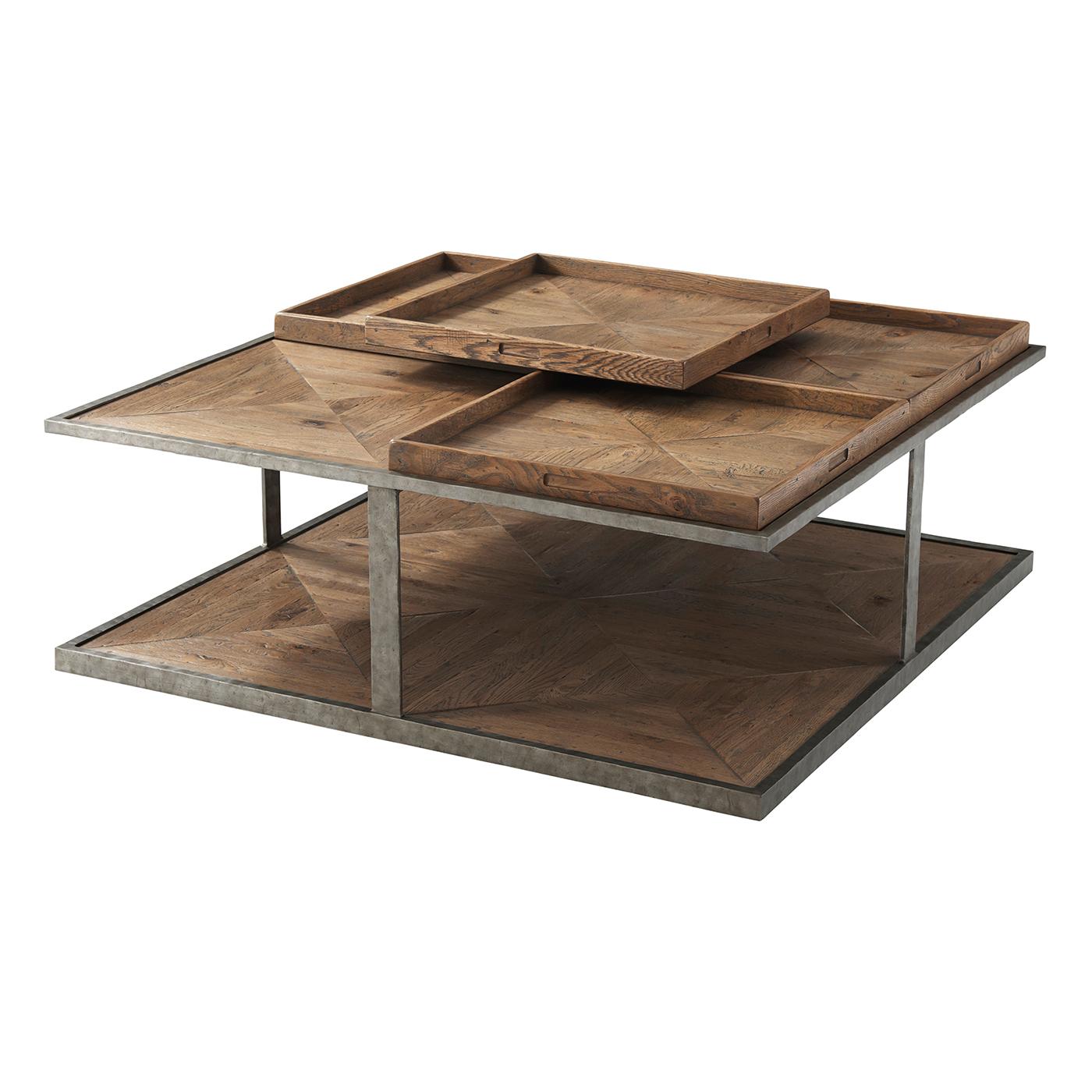 A rustic square coffee table with our 'echo' finish oak parquetry top and base with four tray inserts on a 'vintage' metal support frame.
Dimensions: 48