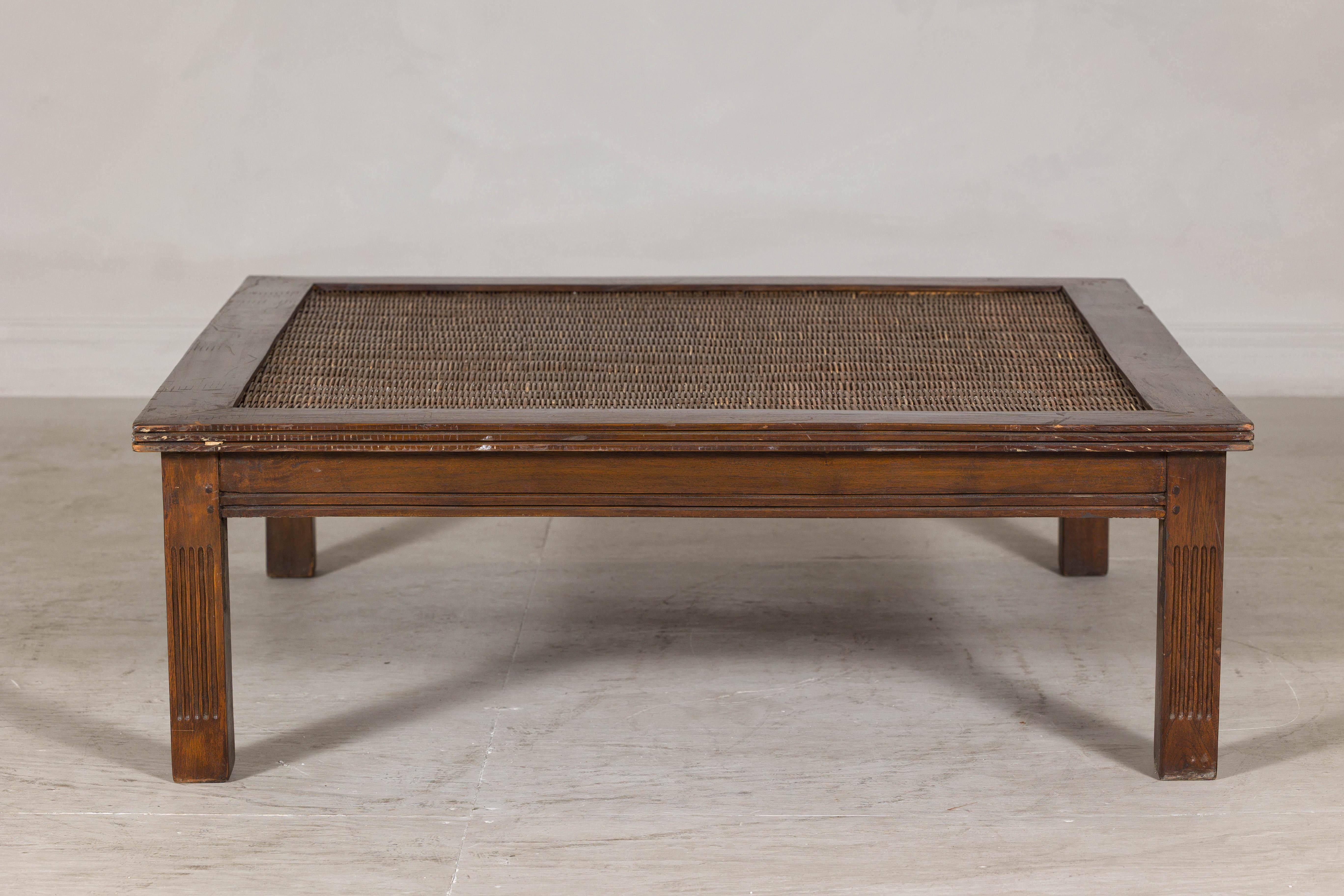 Rustic Square Top Hardwood Coffee Table with Woven Rattan Top, Vintage For Sale 4