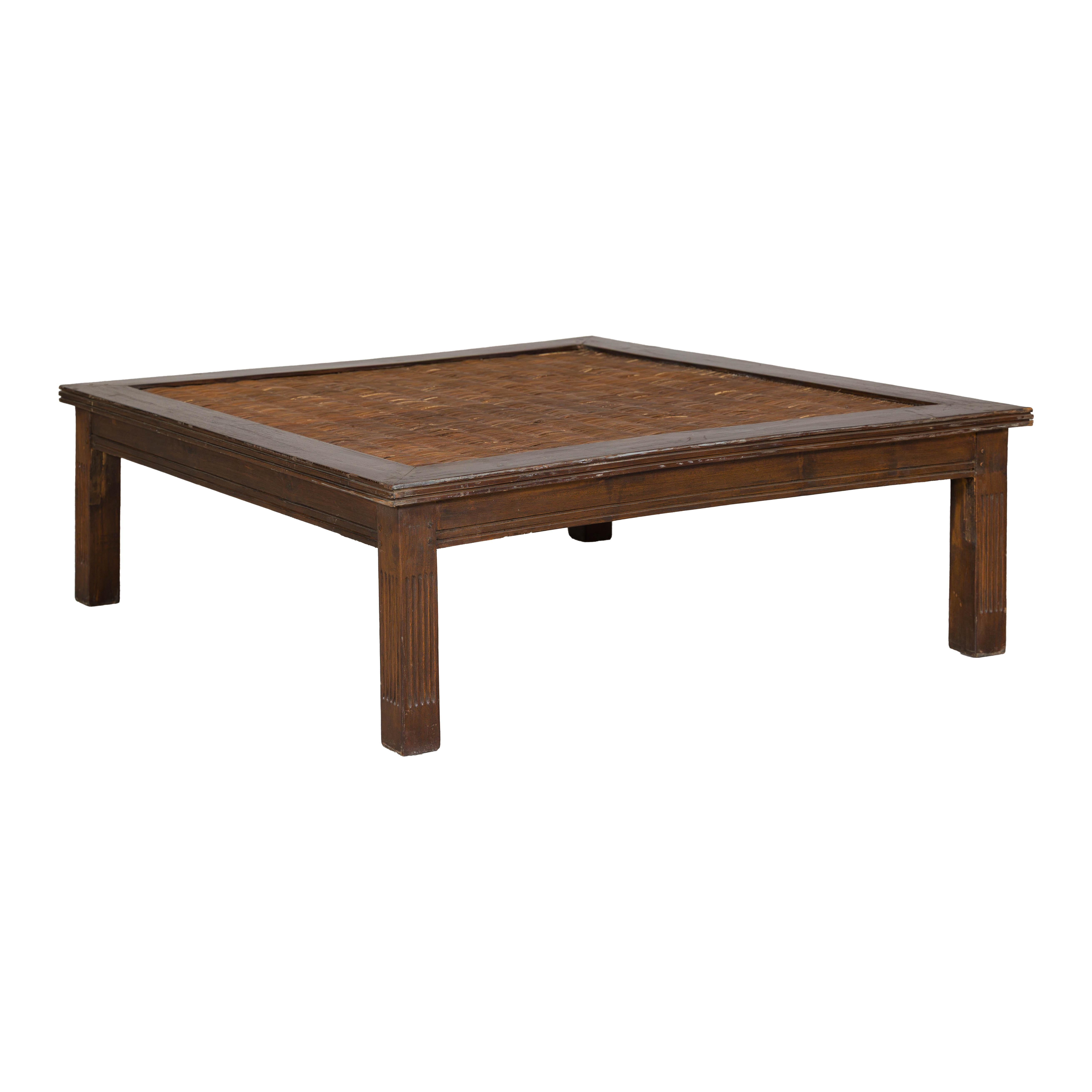 Rustic Square Top Hardwood Coffee Table with Woven Rattan Top, Vintage For Sale 7