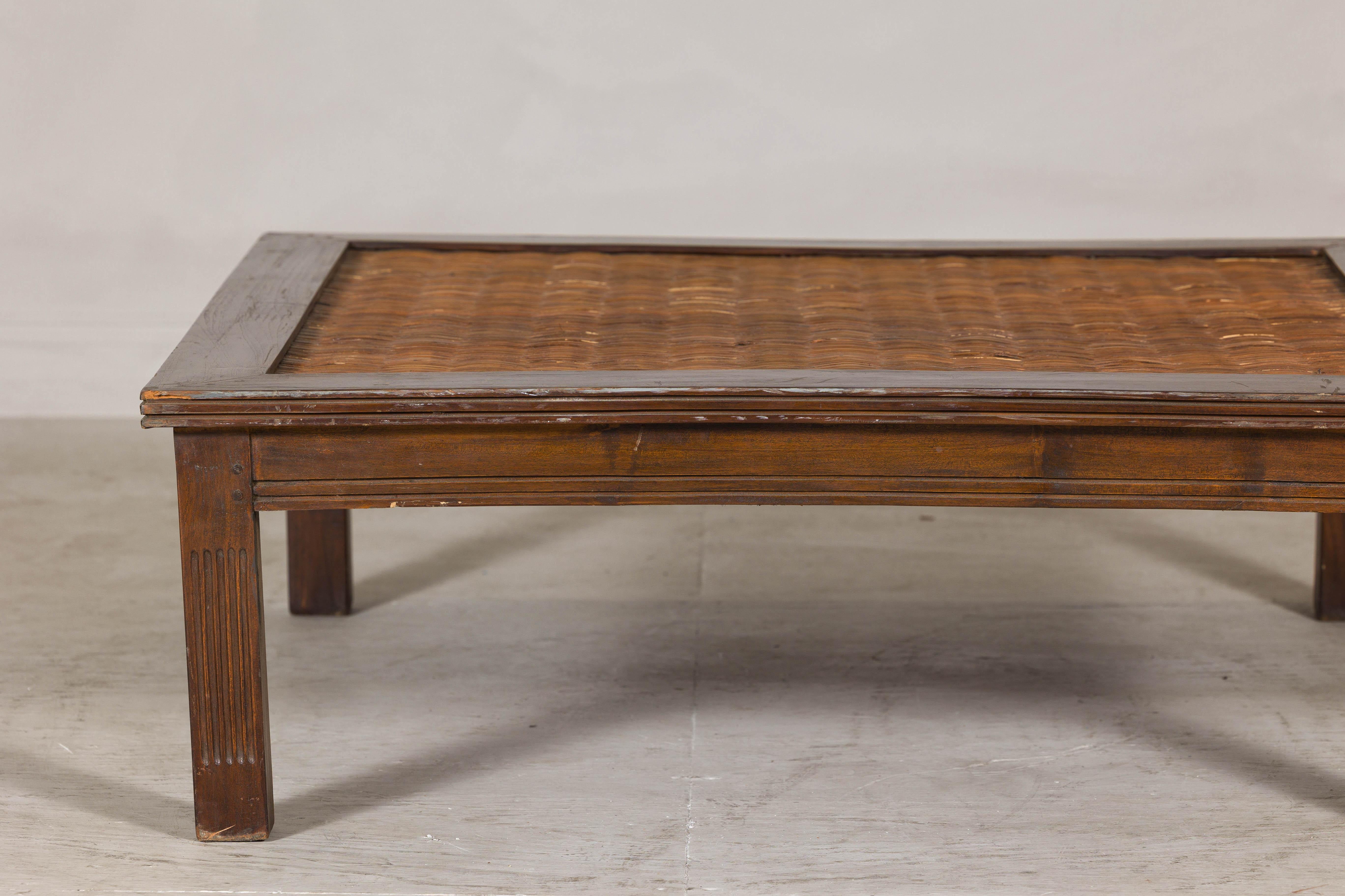 Indonesian Rustic Square Top Hardwood Coffee Table with Woven Rattan Top, Vintage For Sale