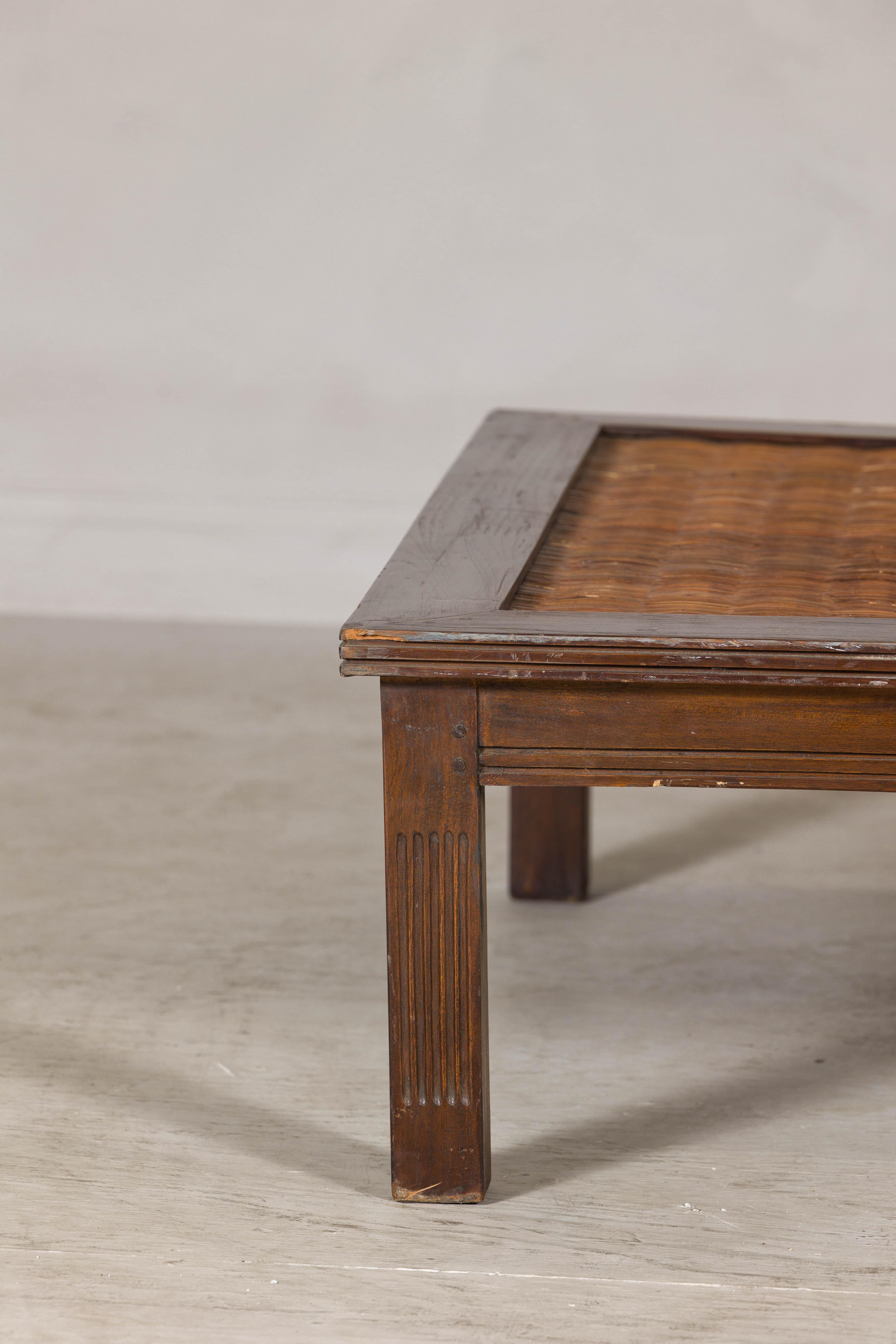 Rustic Square Top Hardwood Coffee Table with Woven Rattan Top, Vintage In Good Condition For Sale In Yonkers, NY