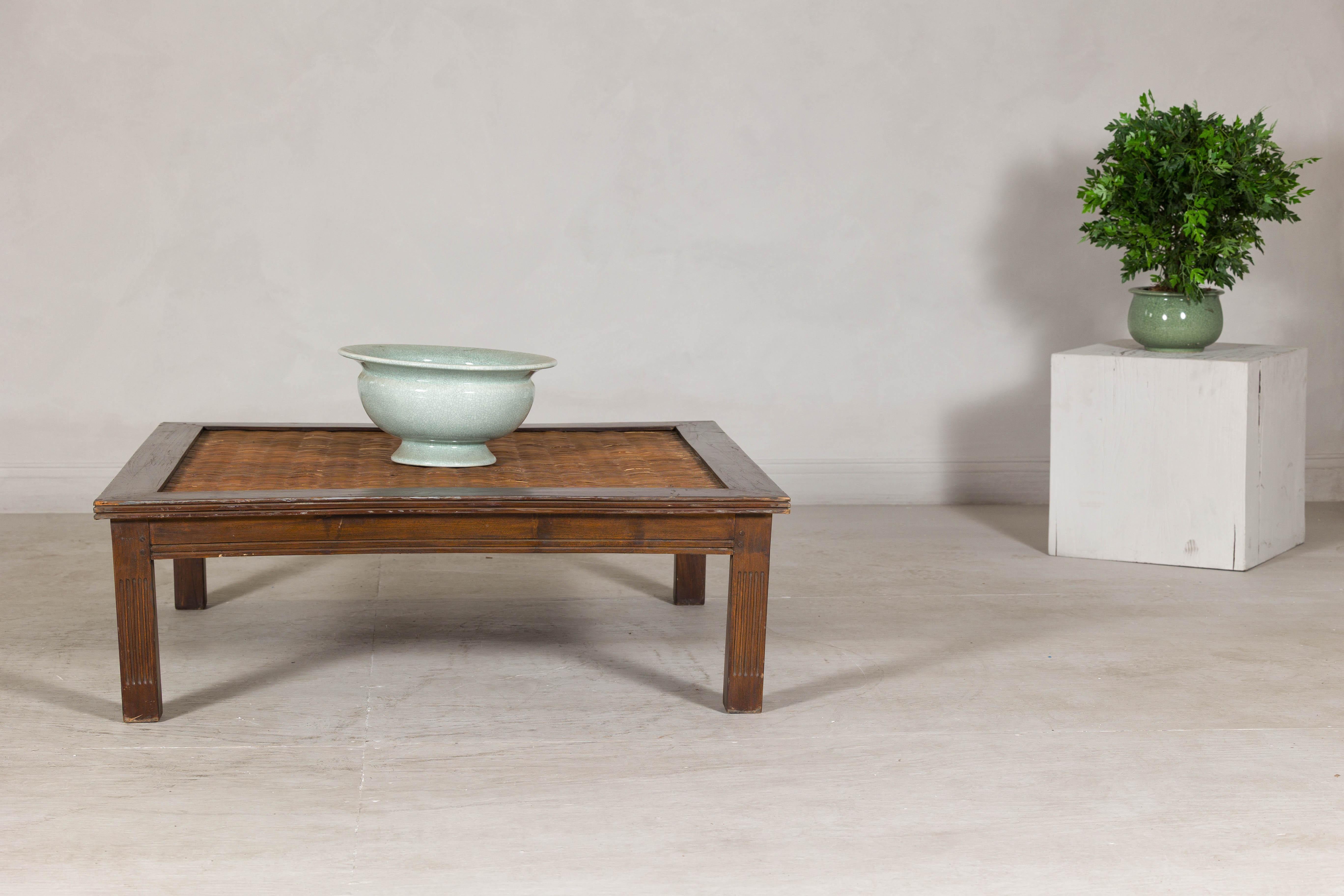 20th Century Rustic Square Top Hardwood Coffee Table with Woven Rattan Top, Vintage For Sale