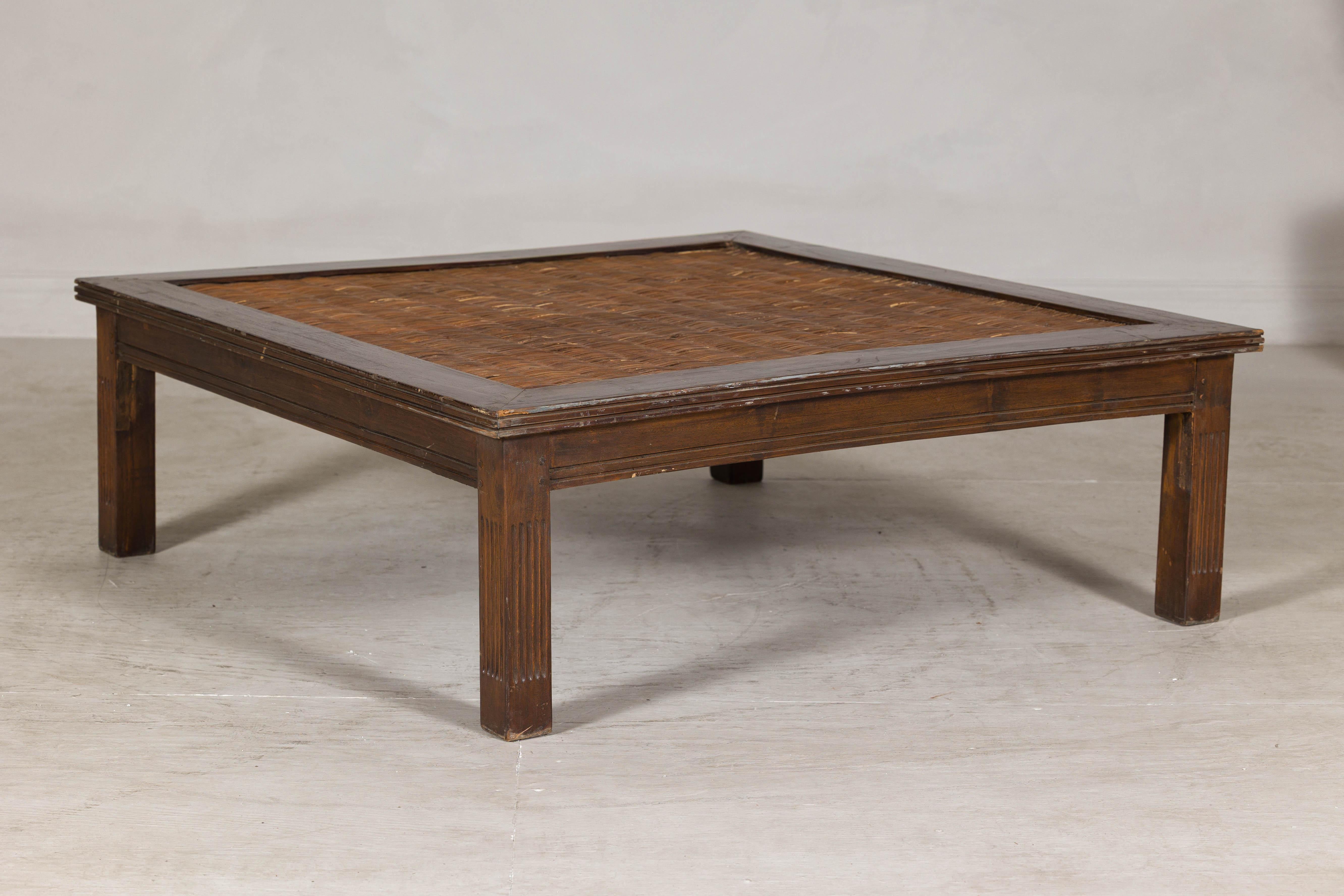 Rustic Square Top Hardwood Coffee Table with Woven Rattan Top, Vintage For Sale 1