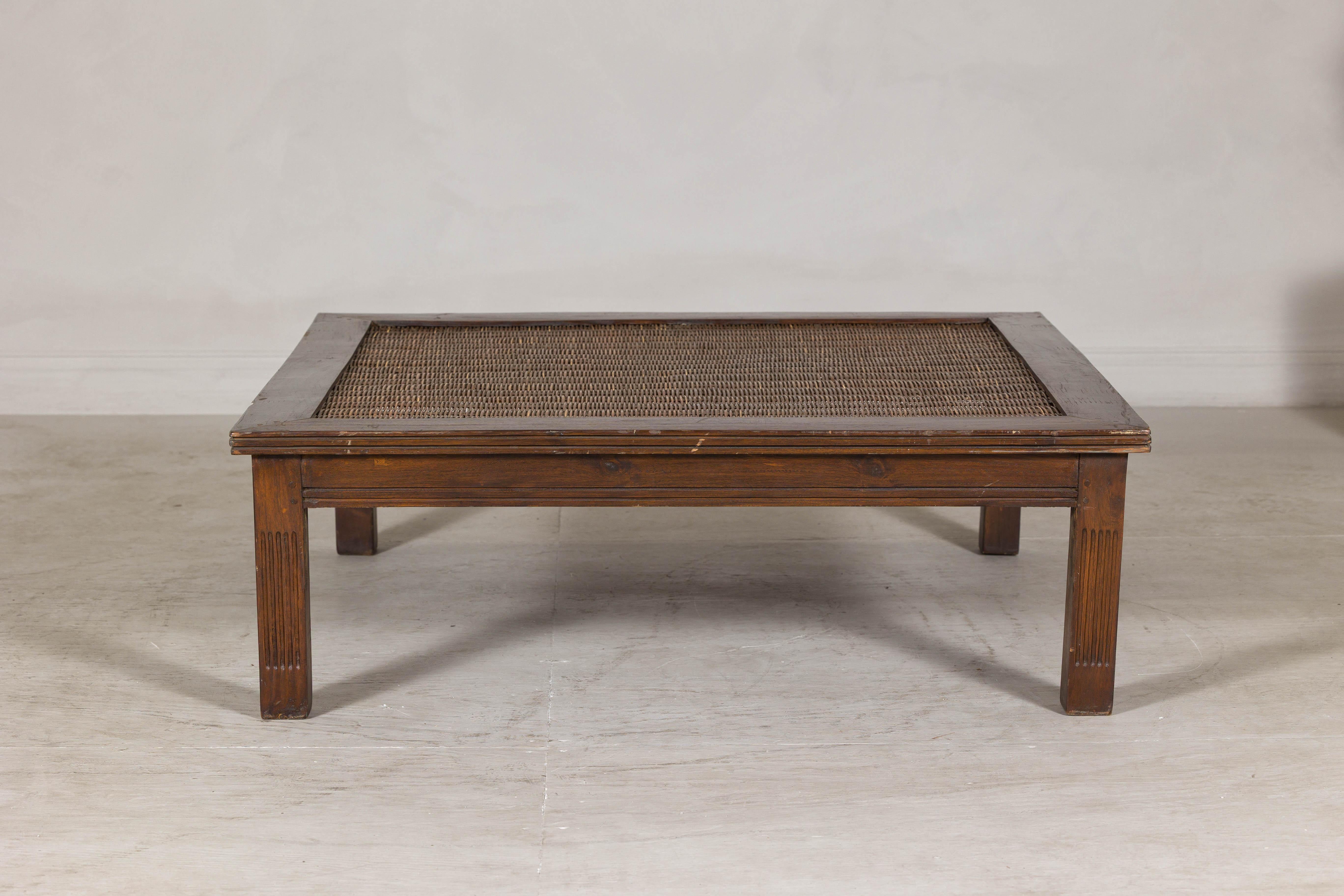 Rustic Square Top Hardwood Coffee Table with Woven Rattan Top, Vintage For Sale 2
