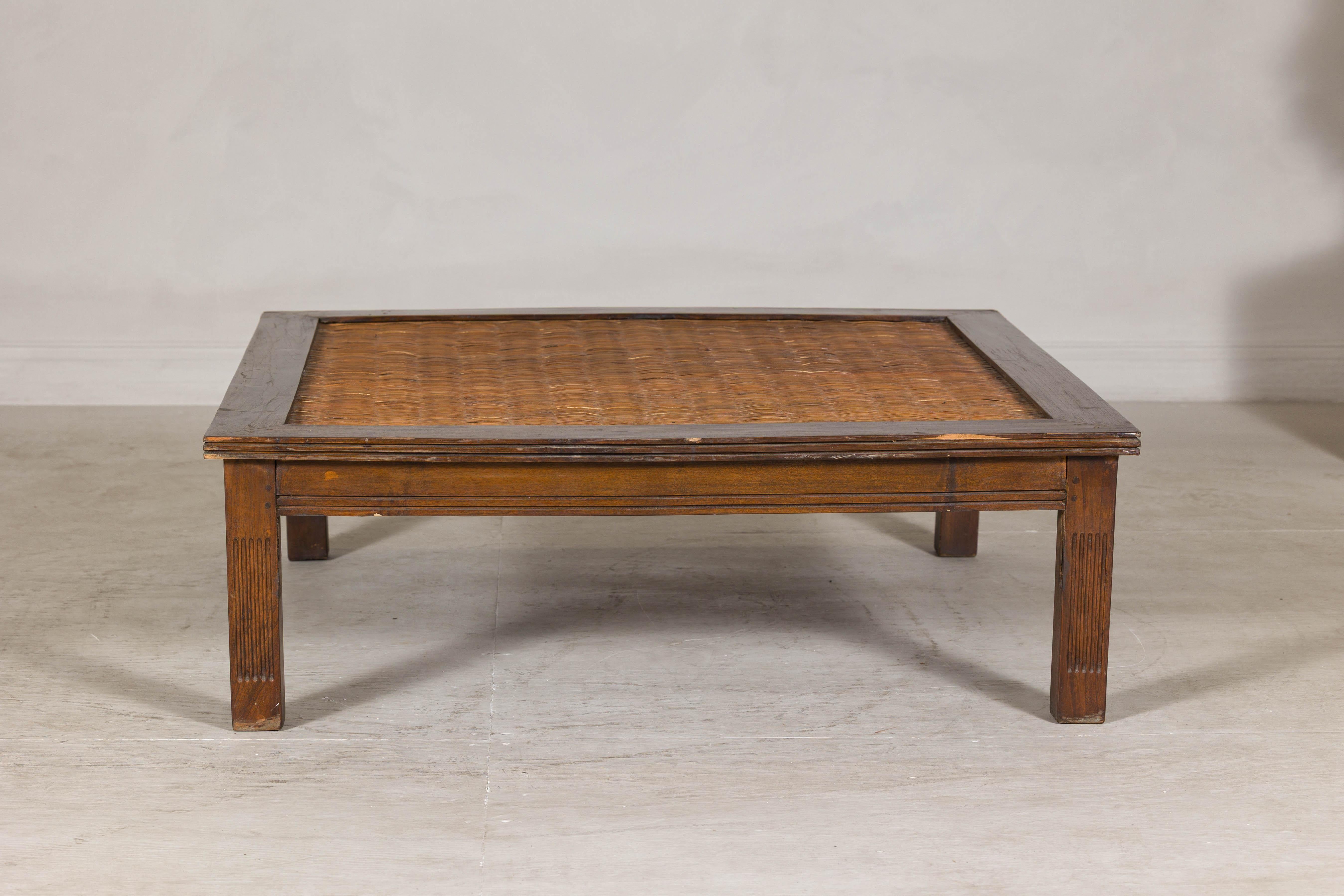 Rustic Square Top Hardwood Coffee Table with Woven Rattan Top, Vintage For Sale 3