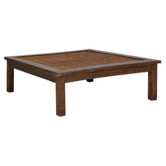 Rustikaler Couchtisch aus Hartholz mit quadratischer Platte und geflochtener Rattanplatte, Vintage