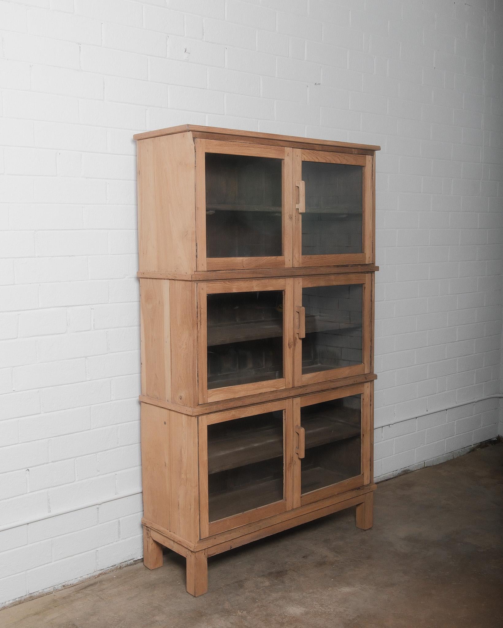 Indian Rustic Stacked Glass-Front Display Cabinet in Natural Wood For Sale