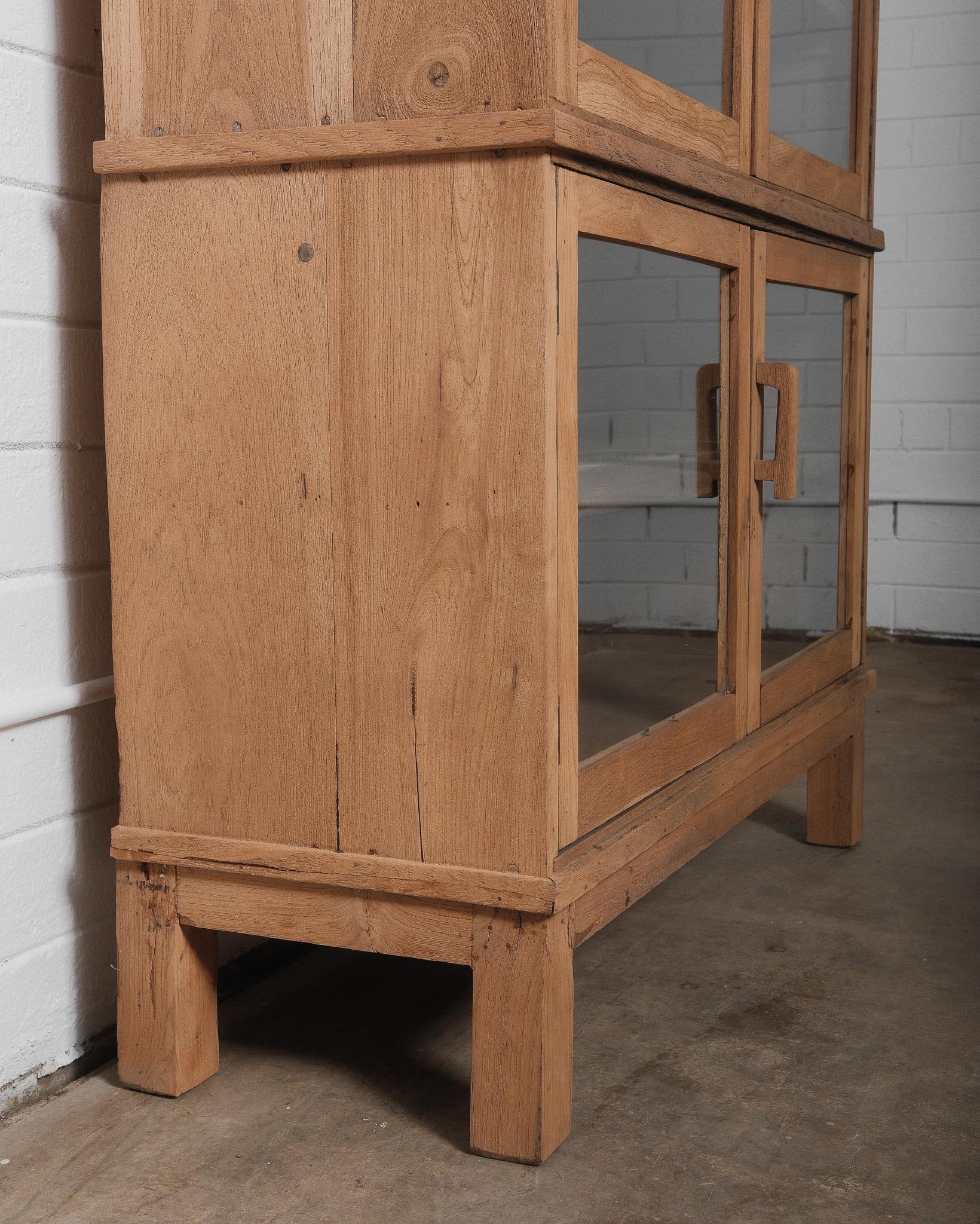 Rustic Stacked Glass-Front Display Cabinet in Natural Wood In Good Condition For Sale In High Point, NC