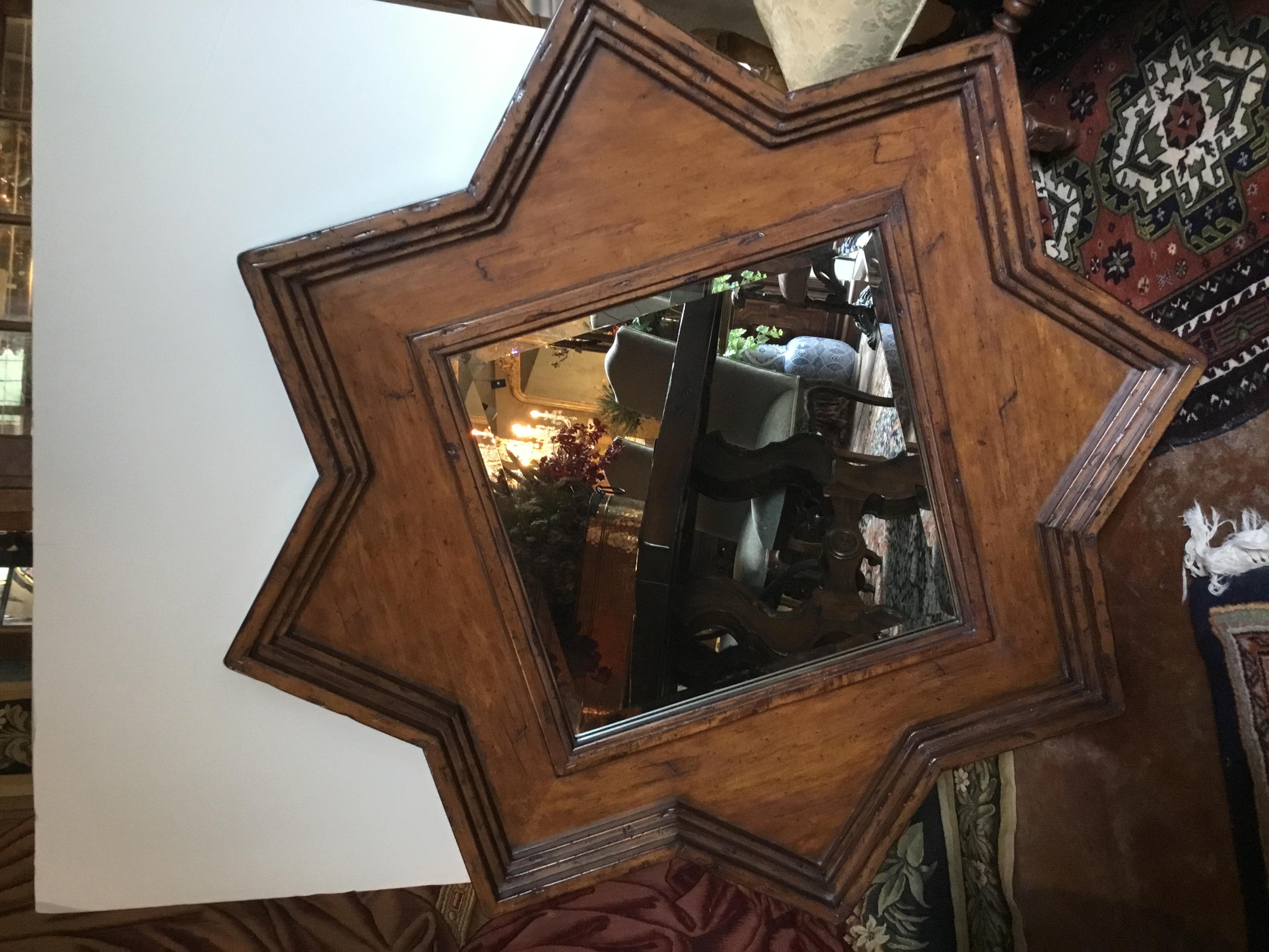 Mexicain Cadre rustique en forme d'étoile avec miroir biseauté de forme carrée en vente