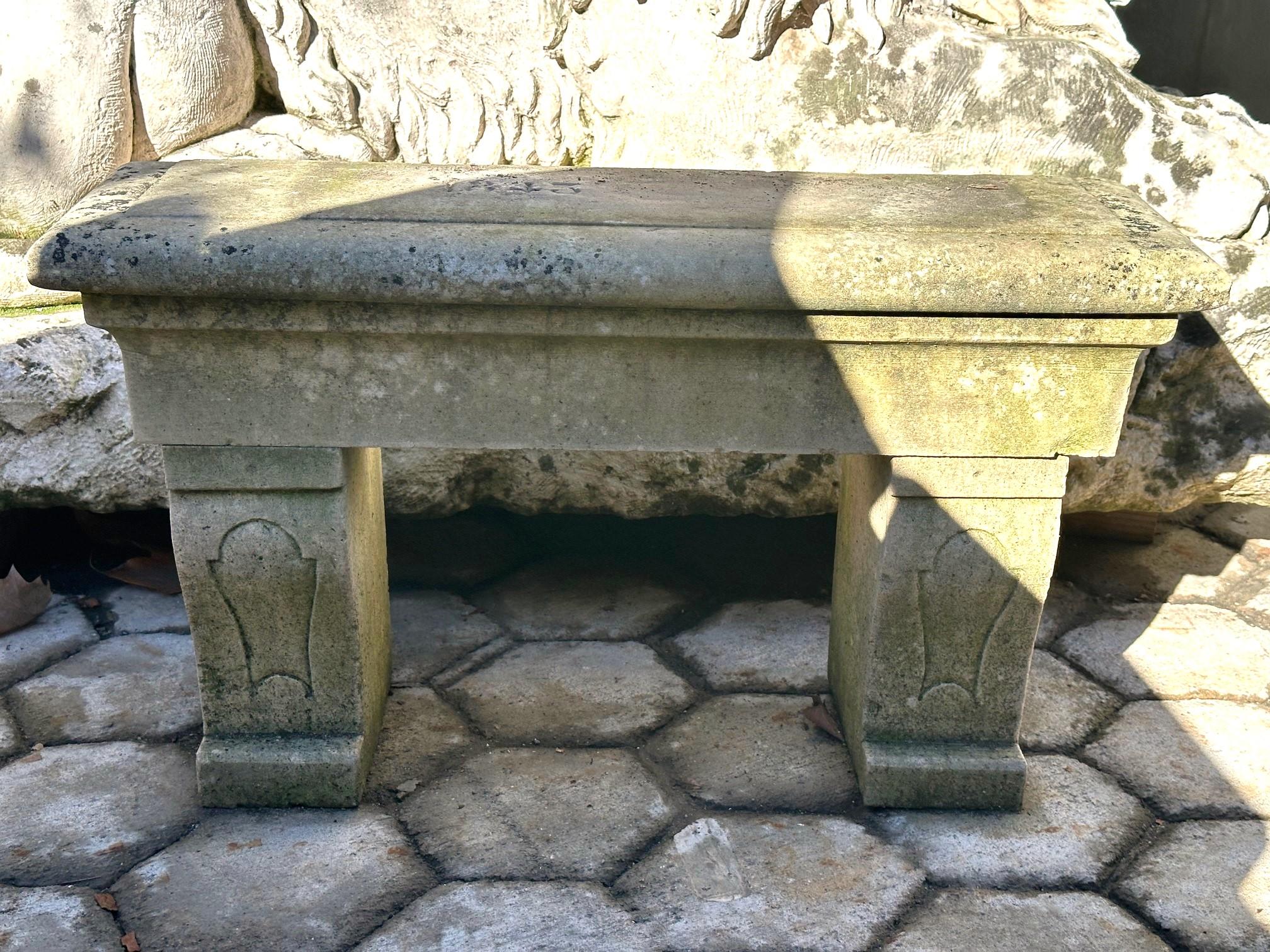 Rustic Stone Farm Bench Garden Patio Hand Carved Seat Antique Dealer Los Angeles In Good Condition For Sale In West Hollywood, CA