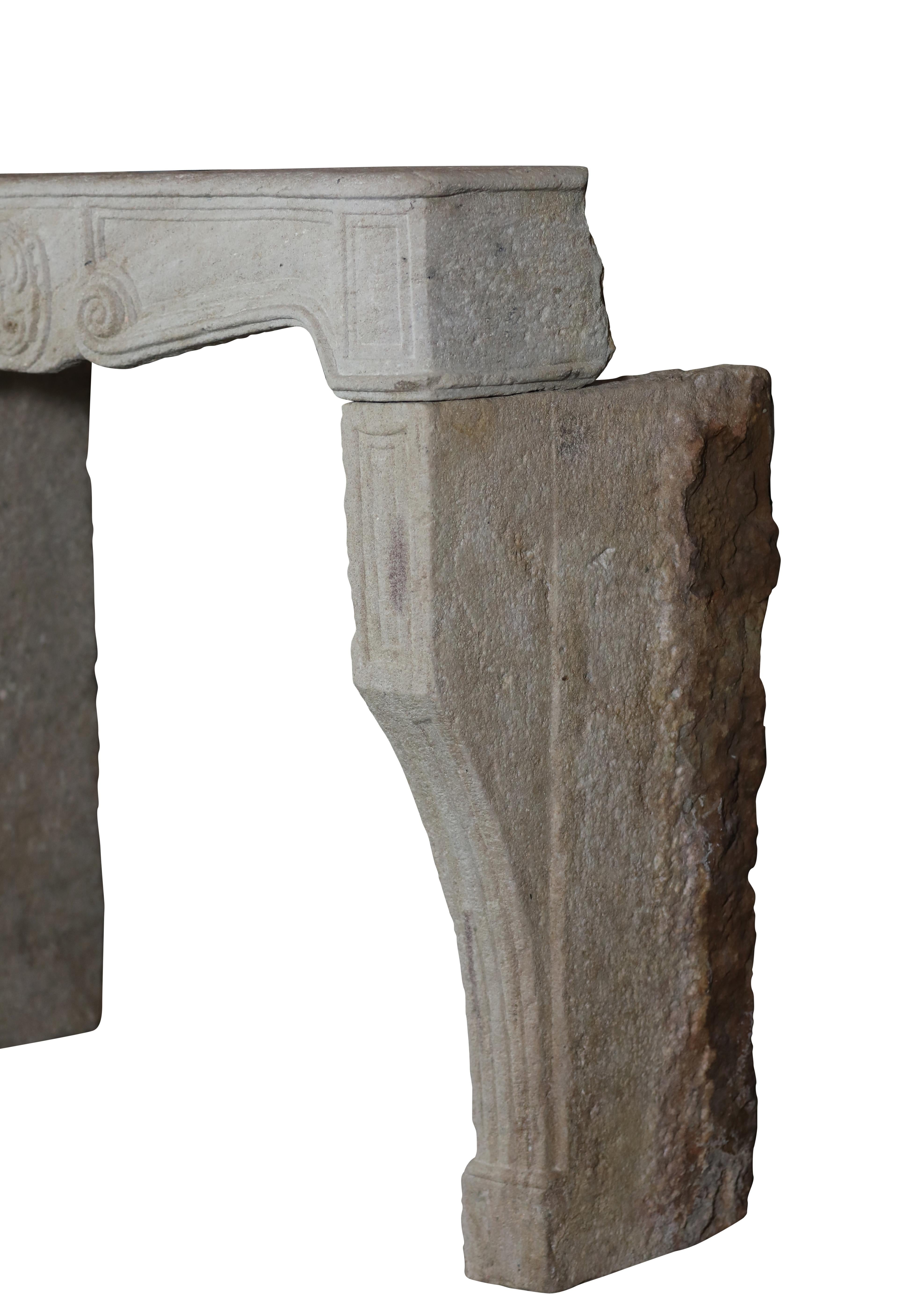 Hand-Carved Rustic Stone Fireplace Surround From France For Authentic Interior Creation For Sale