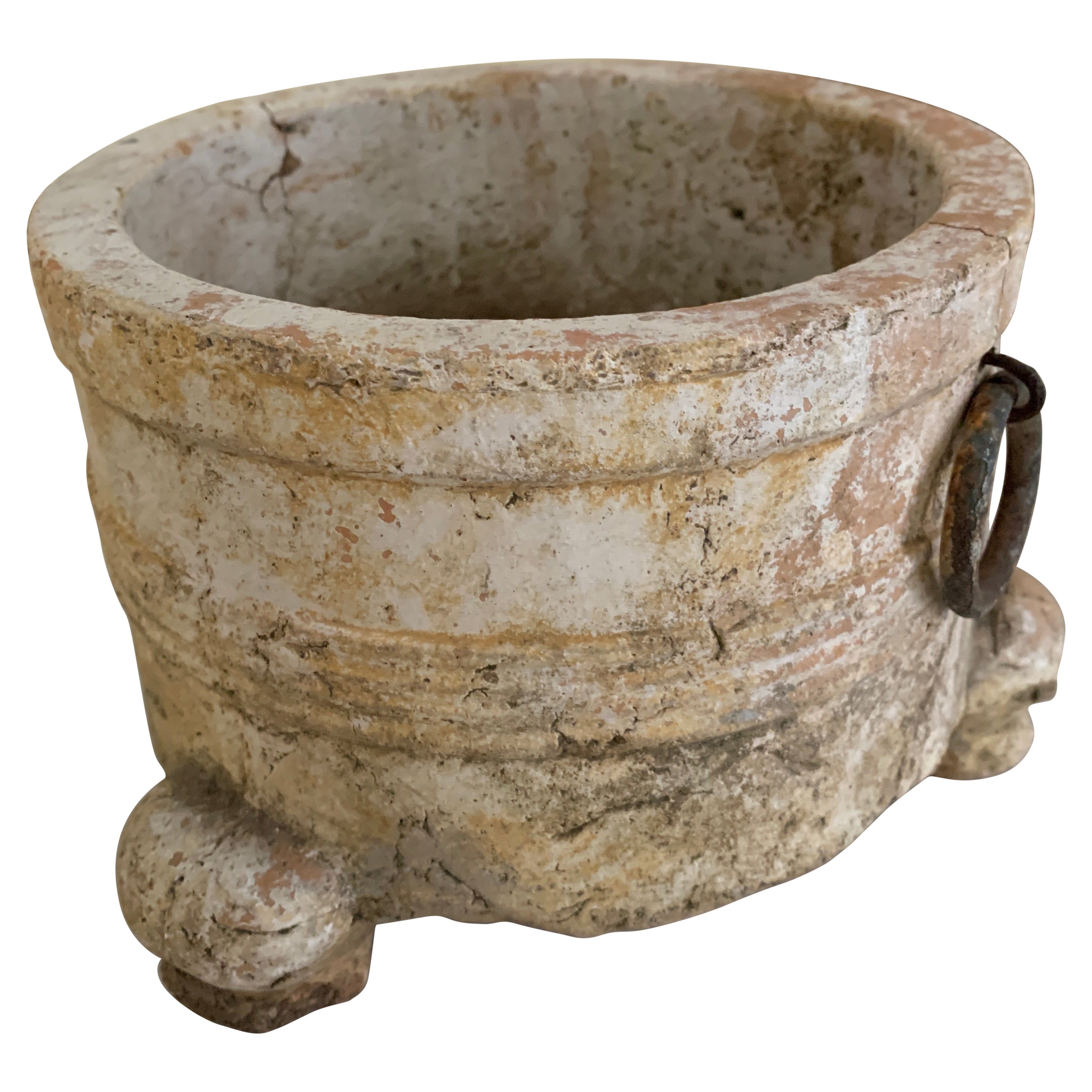 Rustic Stone Planter Jardiniere with Metal Rings