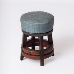 Rustic Stool in Solid Stained Oak With Double Ring Support Bars - France 1950's