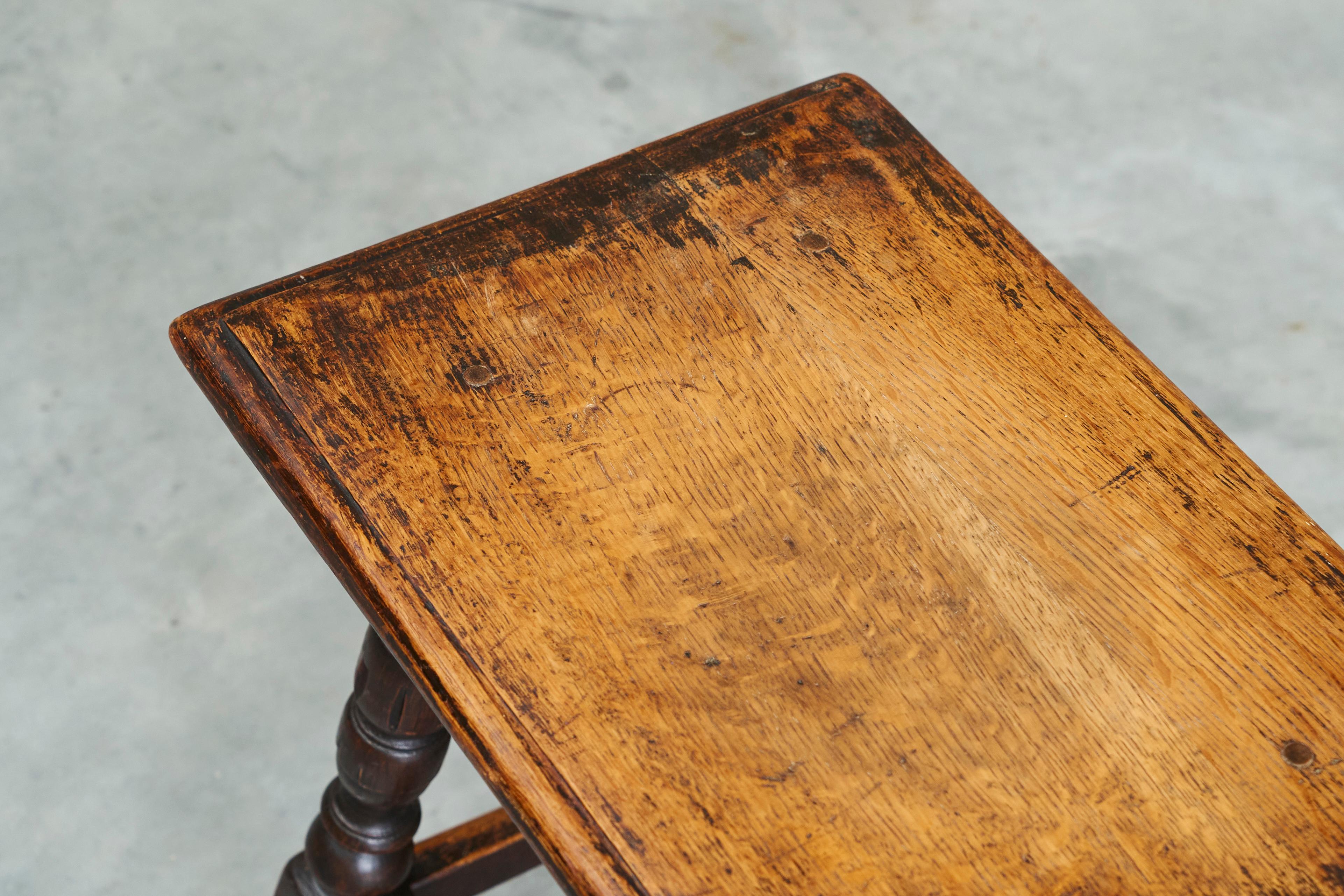European Rustic Stool or Side Table in Solid Turned and Carved Oak 19th Century For Sale