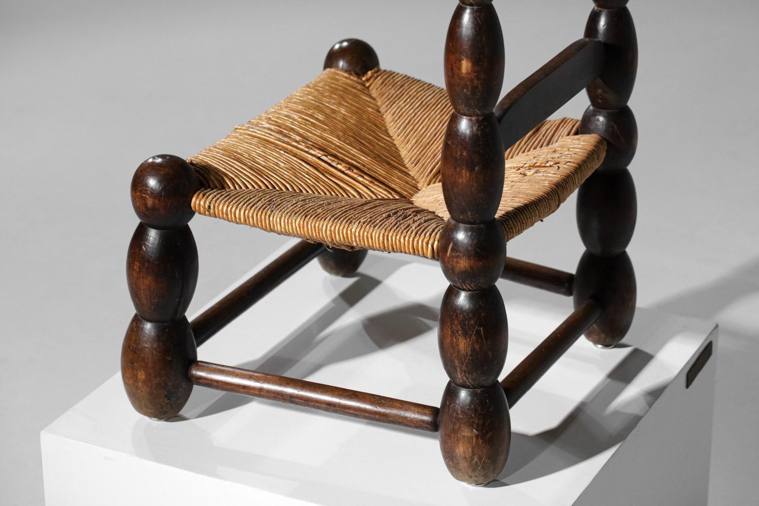 Mid-20th Century Rustic Straw Chair in Carved Wood with Boxwood Finish French Brutalist Folk Art