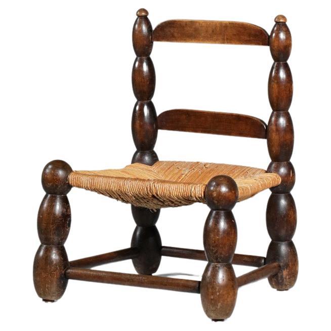 Rustic Straw Chair in Carved Wood with Boxwood Finish French Brutalist Folk Art