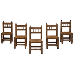 Chaises de salle à manger rustiques en paille, Espagne, 19e siècle