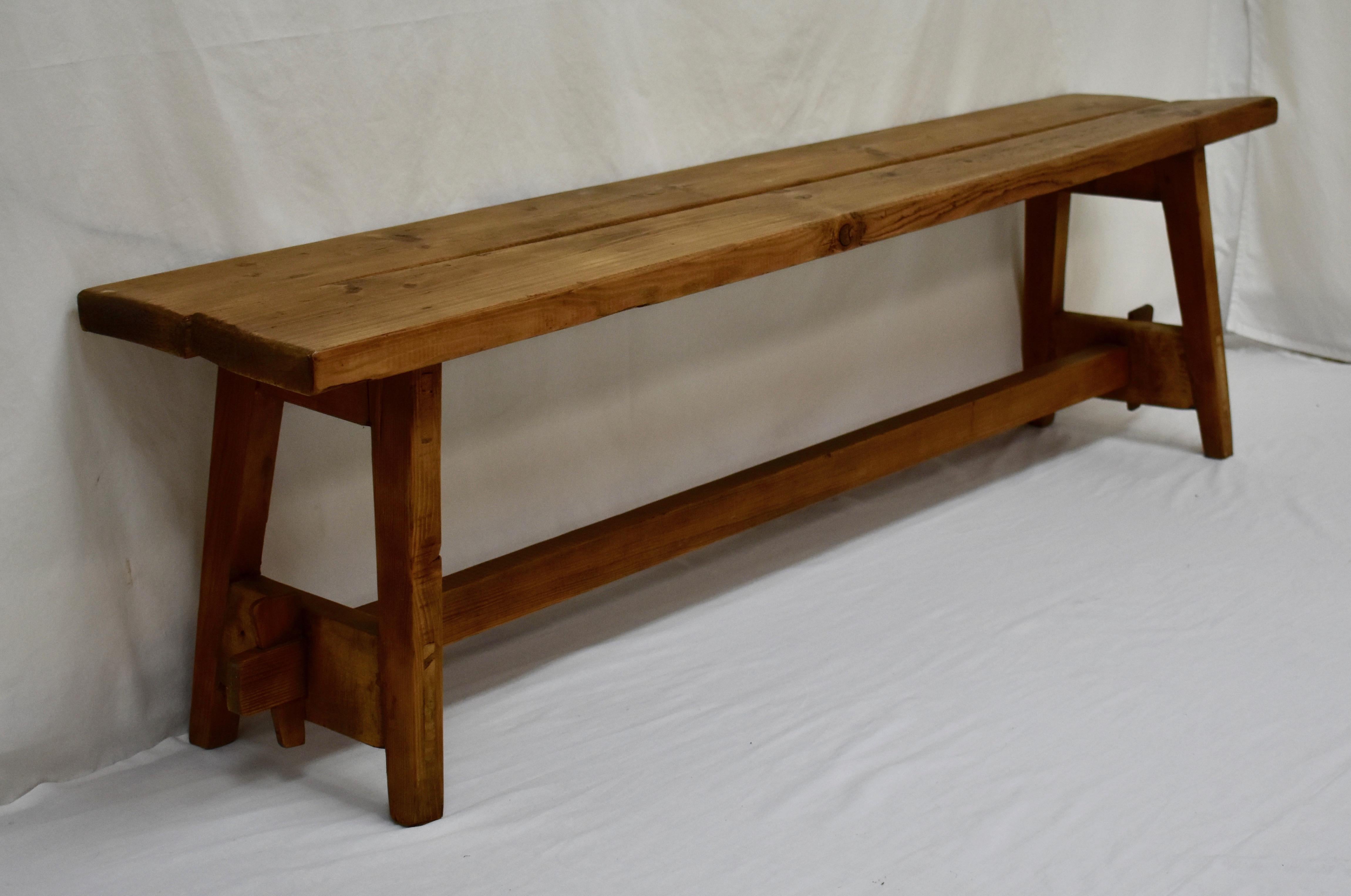 Polished Rustic Stretcher Base Pine Bench