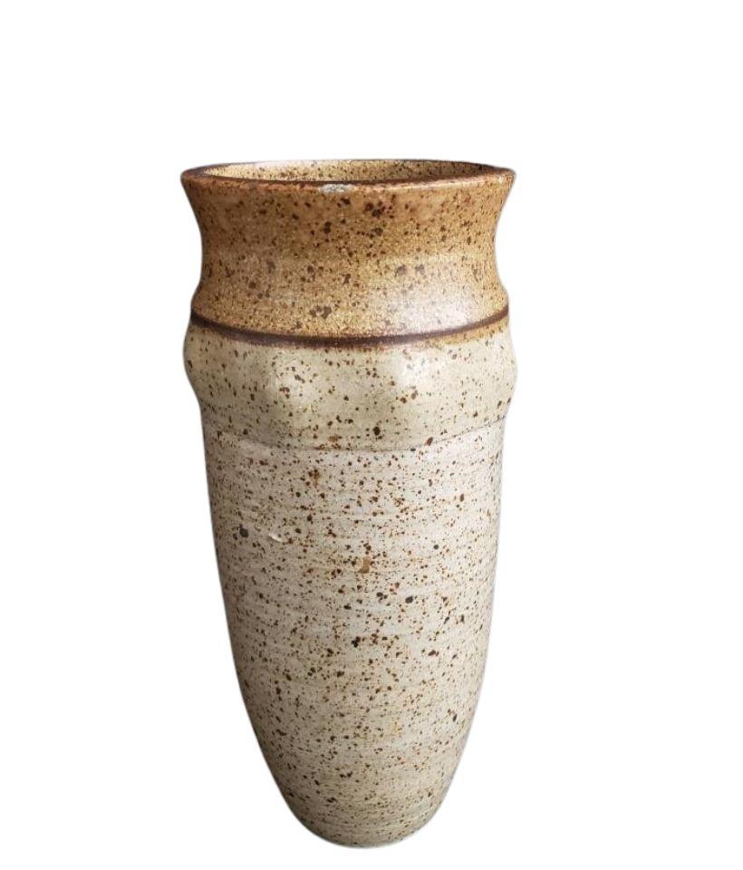 Questo splendido vaso in Studio Pottery, realizzato a mano, presenta una straordinaria miscela di forme organiche e texture naturali. Realizzato in gres maculato, il pezzo presenta un bordo dolcemente svasato, una spalla sottilmente rientrante e un