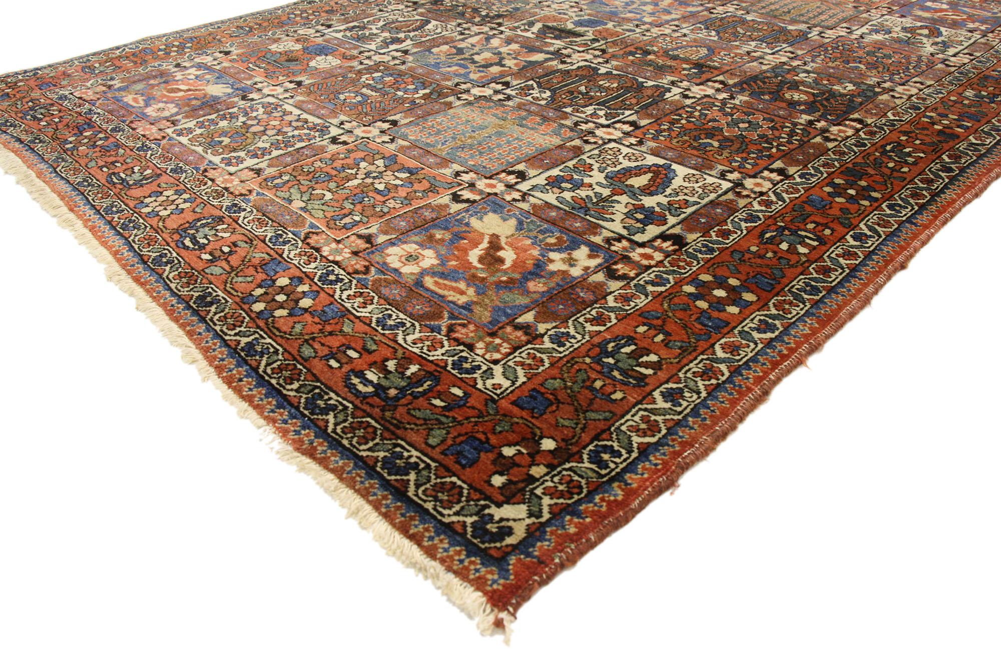 73282, rustic style antique Persian Bakhtiari rug with Four Seasons Garden design. Traditional colors integrated with an intimate patina, this antique Persian Bakhtiari rug features the Four Seasons Garden design. Classically composed and boasting a