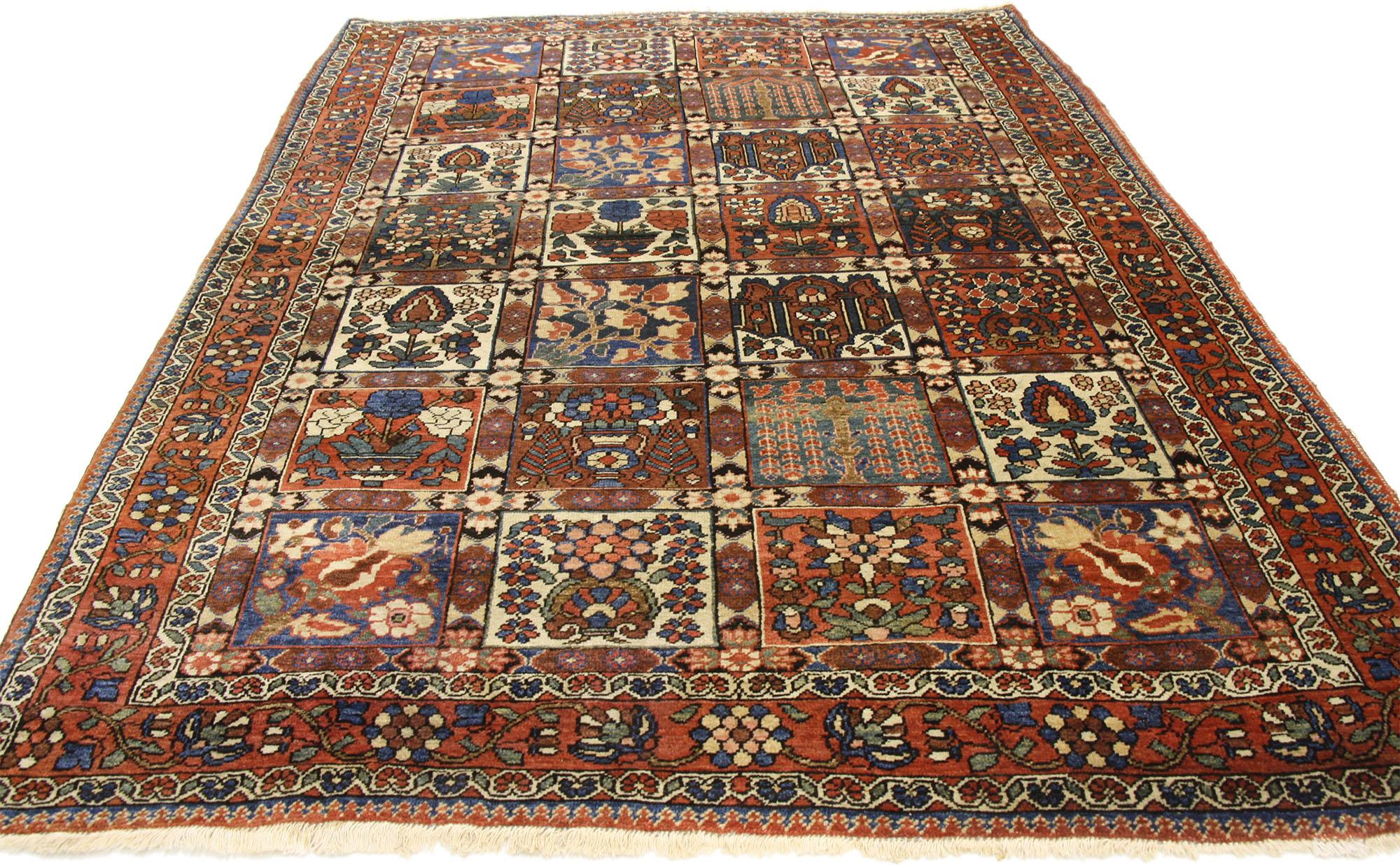 Hand-Knotted Rustic Style Antique Persian Bakhtiari Rug with Four Seasons Garden Design For Sale