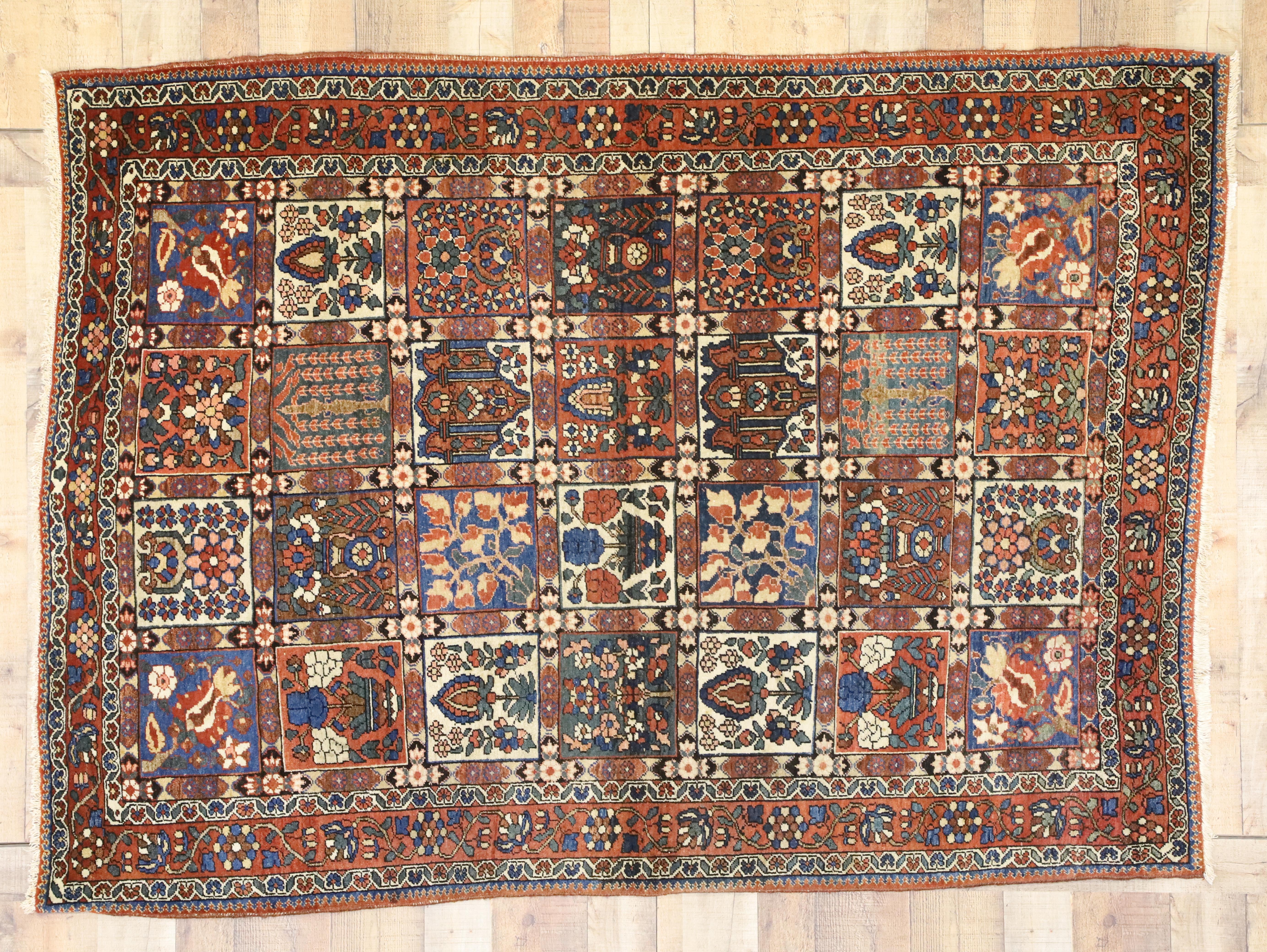 Rustic Style Antique Persian Bakhtiari Rug with Four Seasons Garden Design For Sale 1