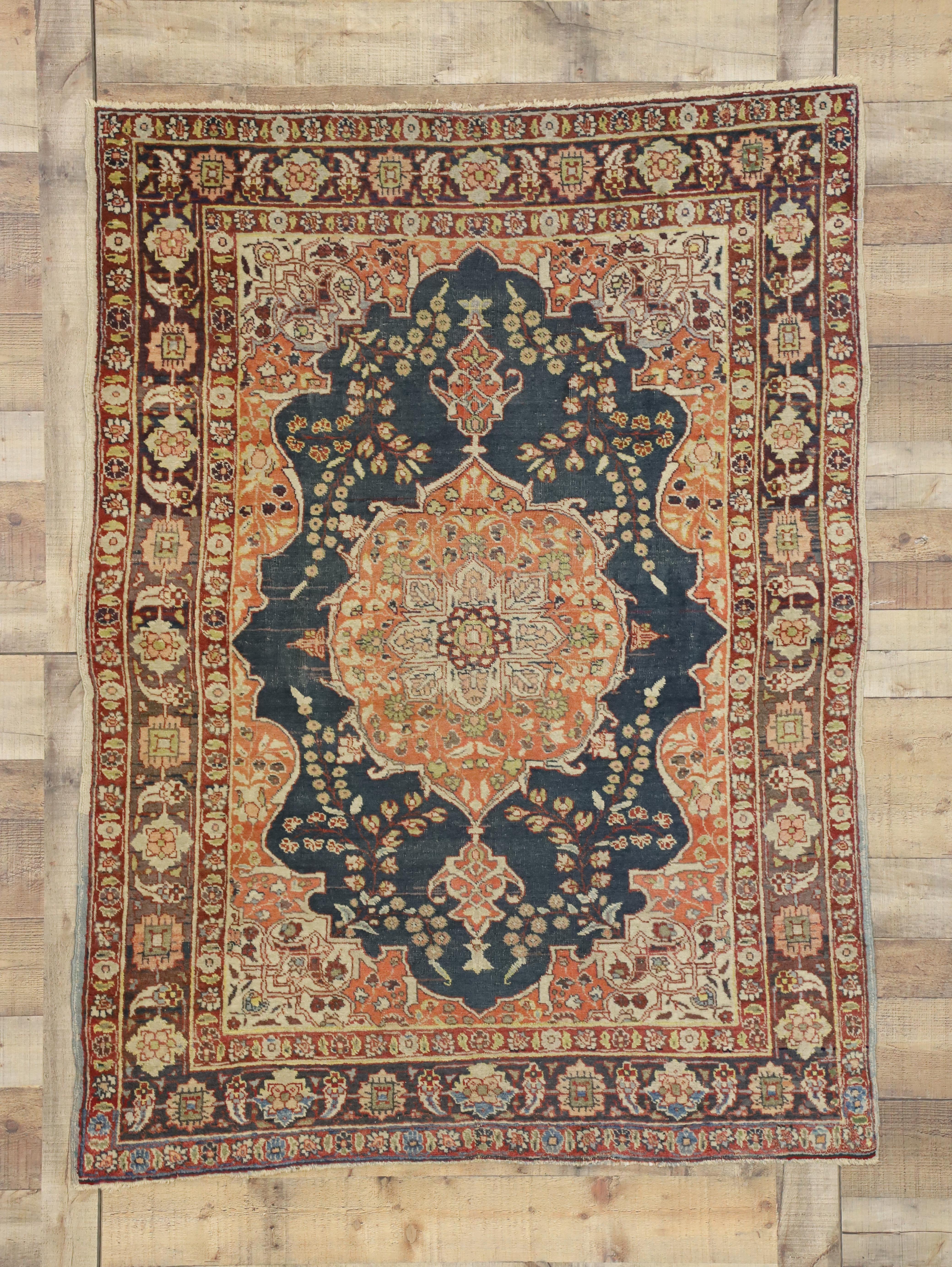 Hand-Knotted Rustic Style Antique Persian Tabriz Accent Rug for Kitchen, Foyer or Entry Rug For Sale