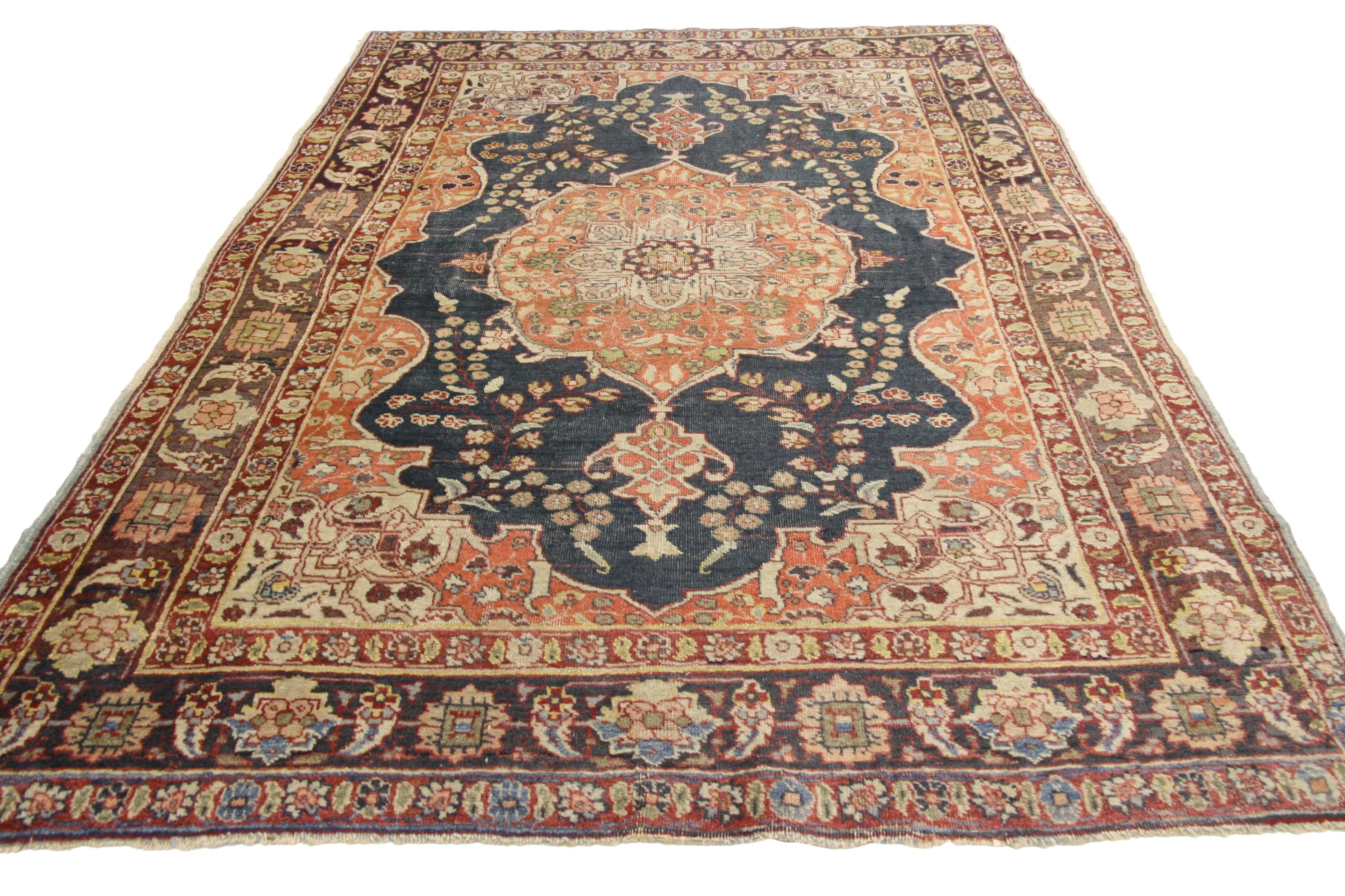 Rustic Style Antique Persian Tabriz Accent Rug for Kitchen, Foyer or Entry Rug For Sale 2