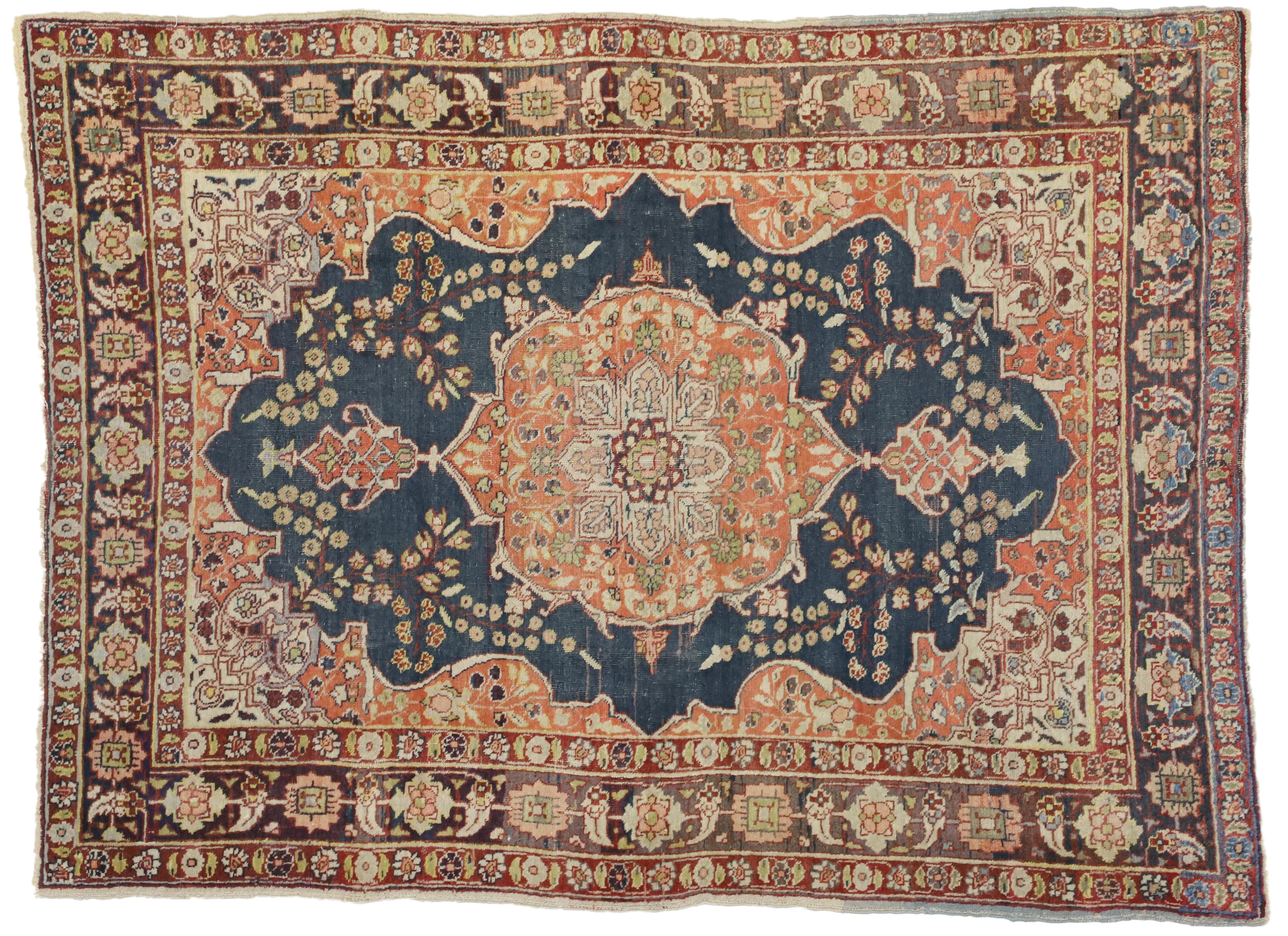 Rustic Style Antique Persian Tabriz Accent Rug for Kitchen, Foyer or Entry Rug For Sale 3