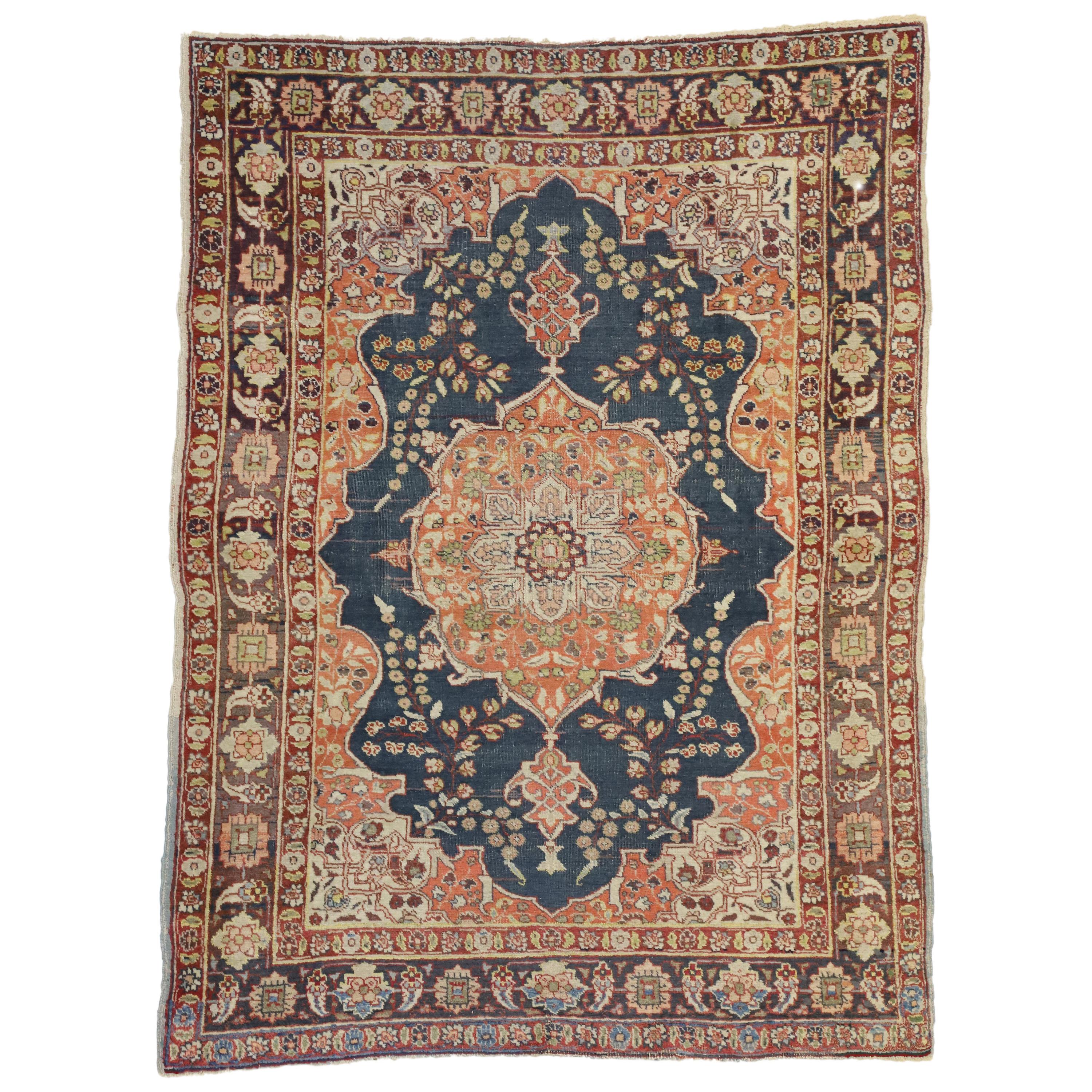 Rustic Style Antique Persian Tabriz Accent Rug for Kitchen, Foyer or Entry Rug For Sale