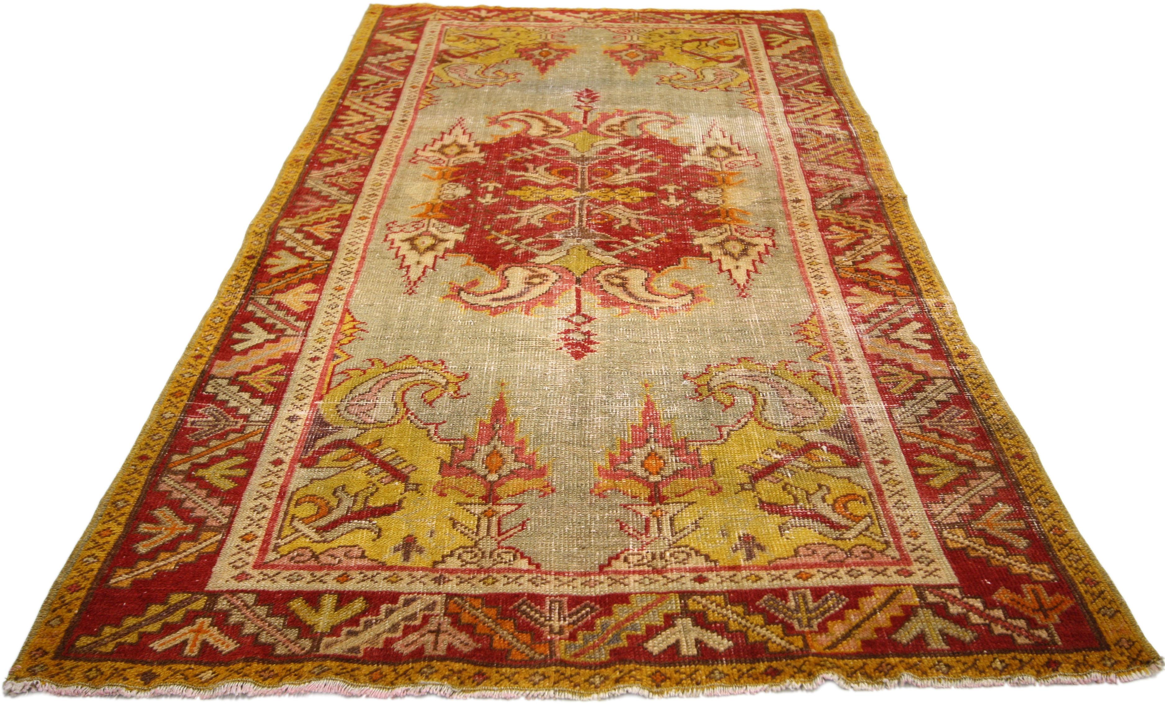 Hand-Knotted Rustic Style Distressed Vintage Turkish Oushak Rug For Sale