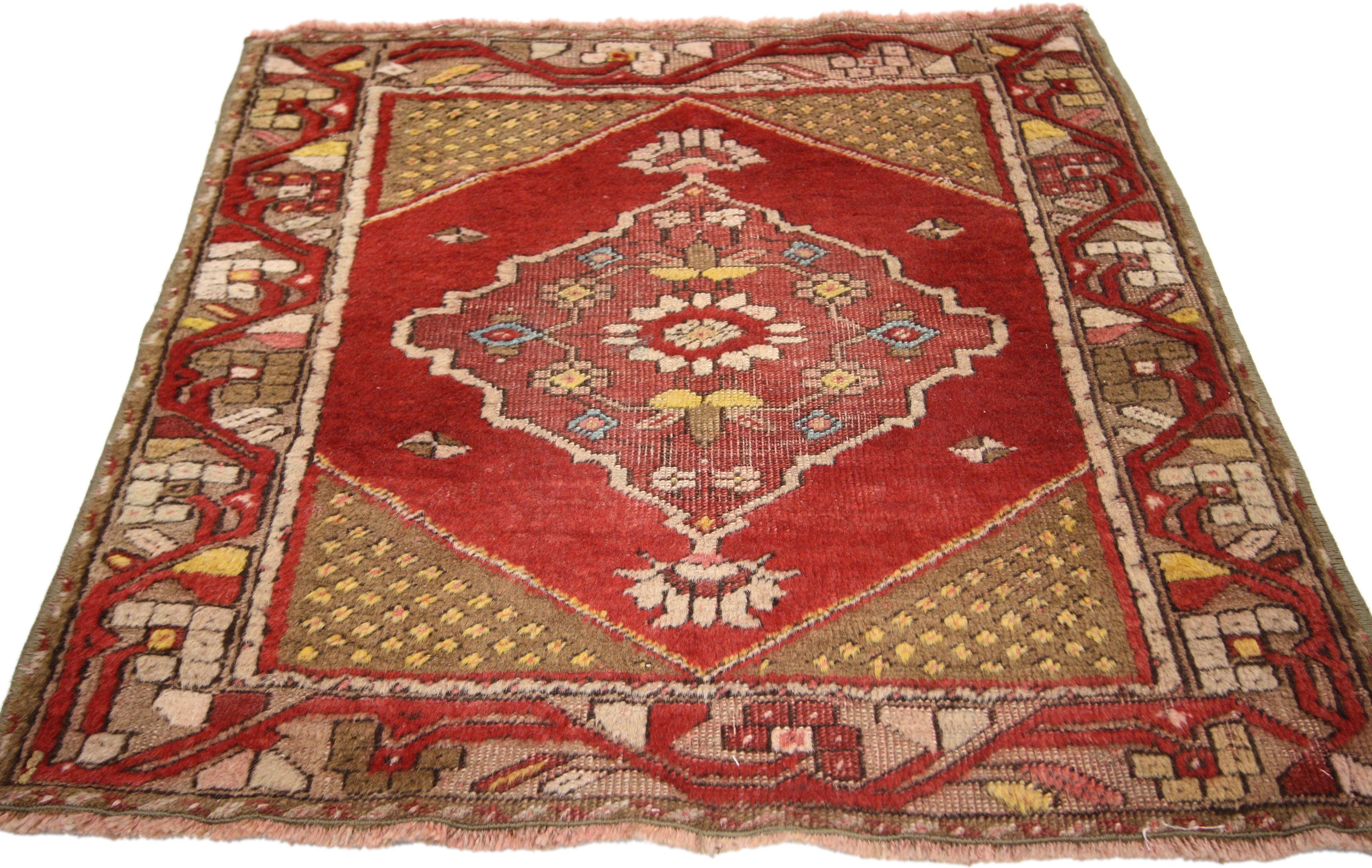 Hand-Knotted Distressed Vintage Turkish Oushak Rug with Rustic Style, Foyer or Entry Rug