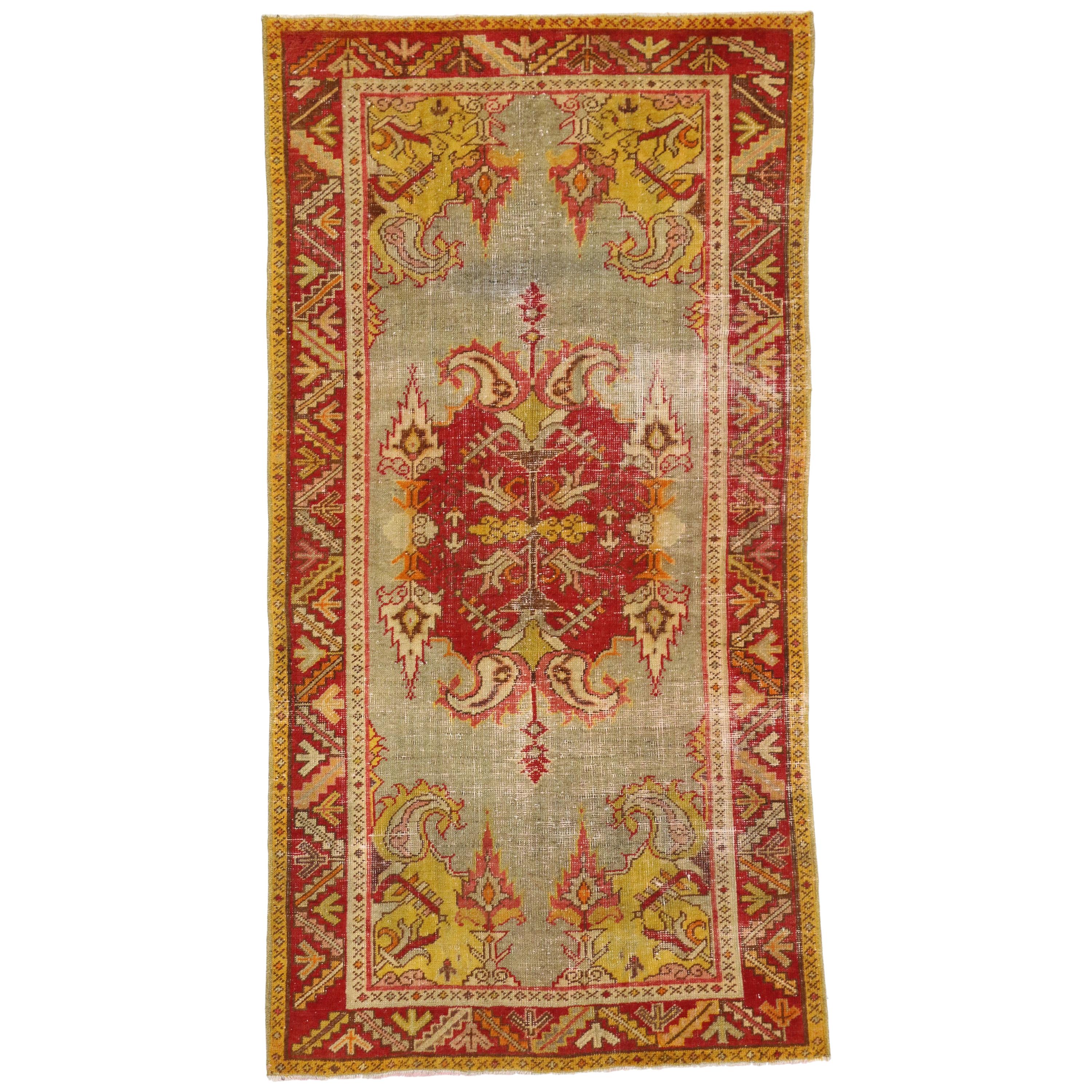 Rustic Style Distressed Vintage Turkish Oushak Rug For Sale