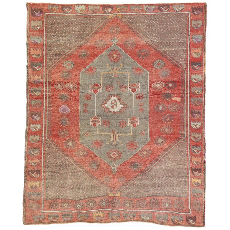 Rustic Style Distressed Vintage Turkish Oushak Rug For Sale at 1stDibs