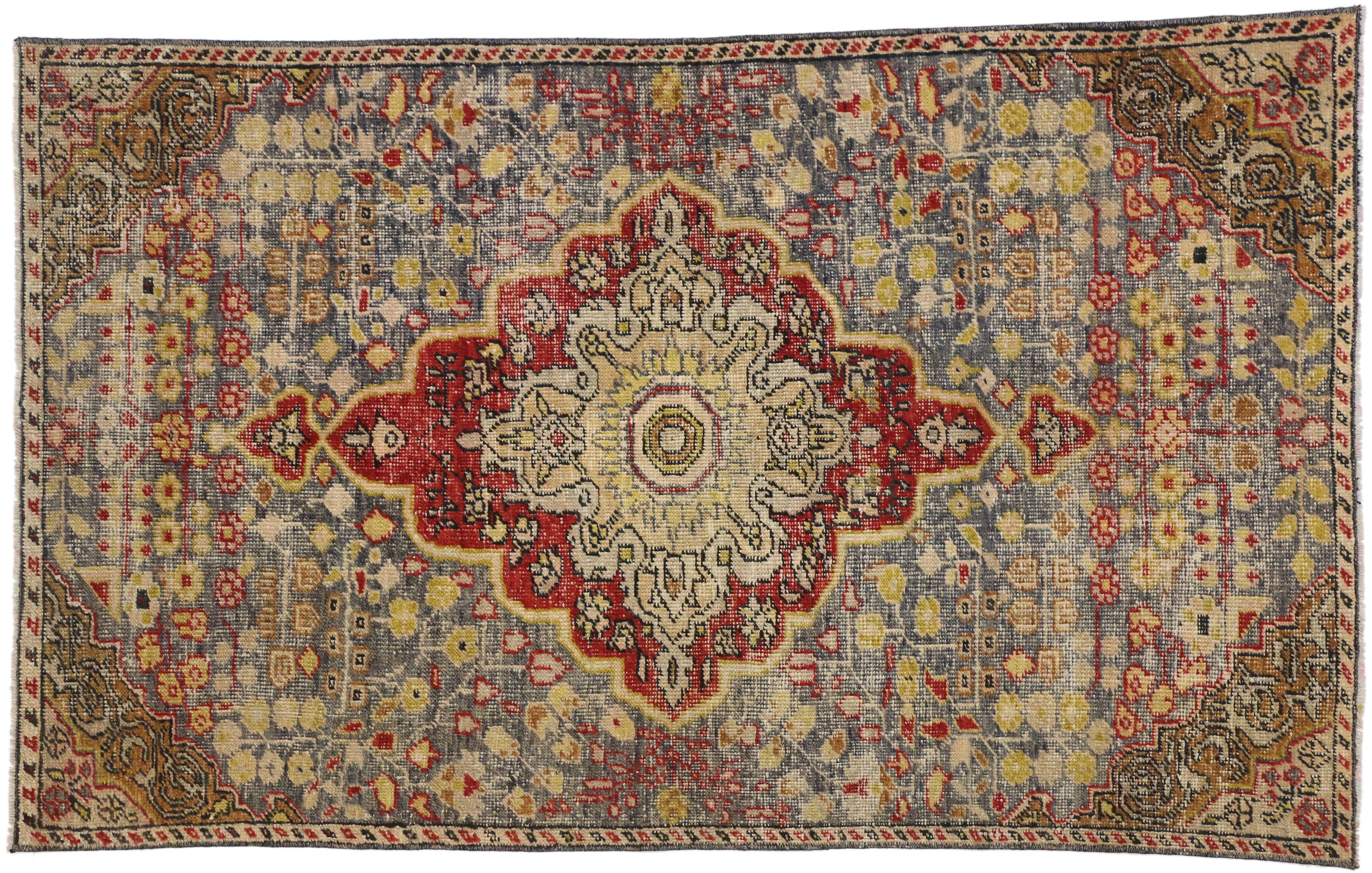 Wool Rustic Style Distressed Vintage Turkish Oushak Rug, Foyer, Kitchen or Entry Rug For Sale