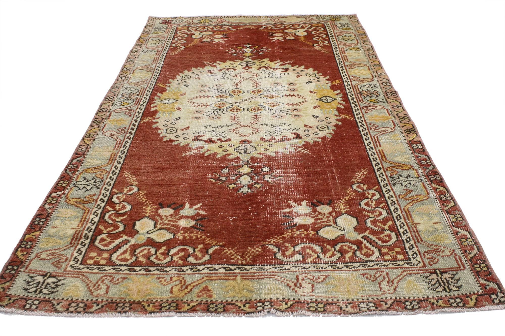 52083, Rustic style distressed vintage Turkish Oushak rug, kitchen, foyer or entry rug. This vintage Turkish Oushak rug features a modern rustic style. Immersed in Anatolian history and refined colors, this distressed vintage Oushak rug combines