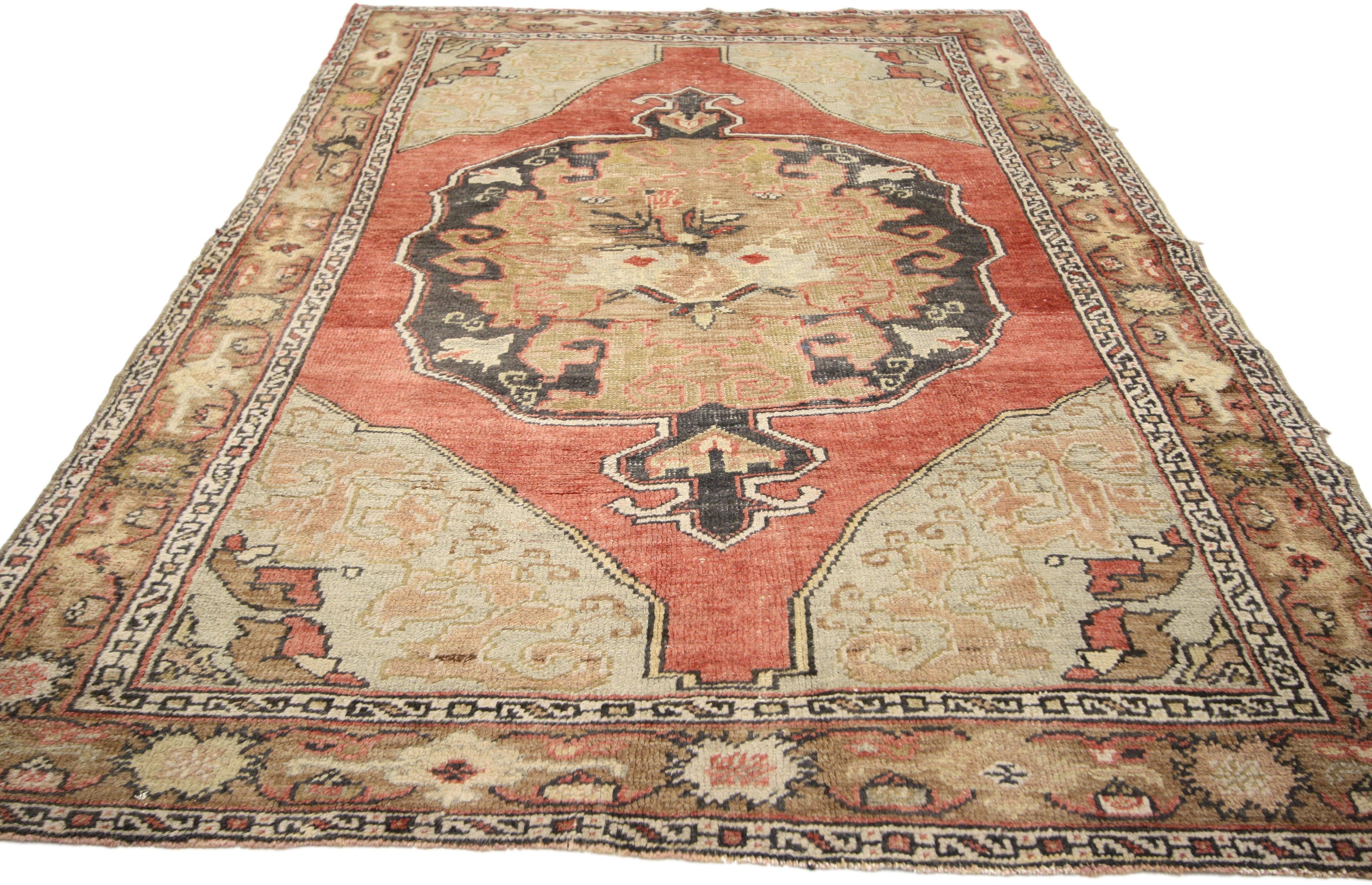 Hand-Knotted Rustic Style Distressed Vintage Turkish Oushak Rug, Kitchen, Foyer or Entry Rug For Sale