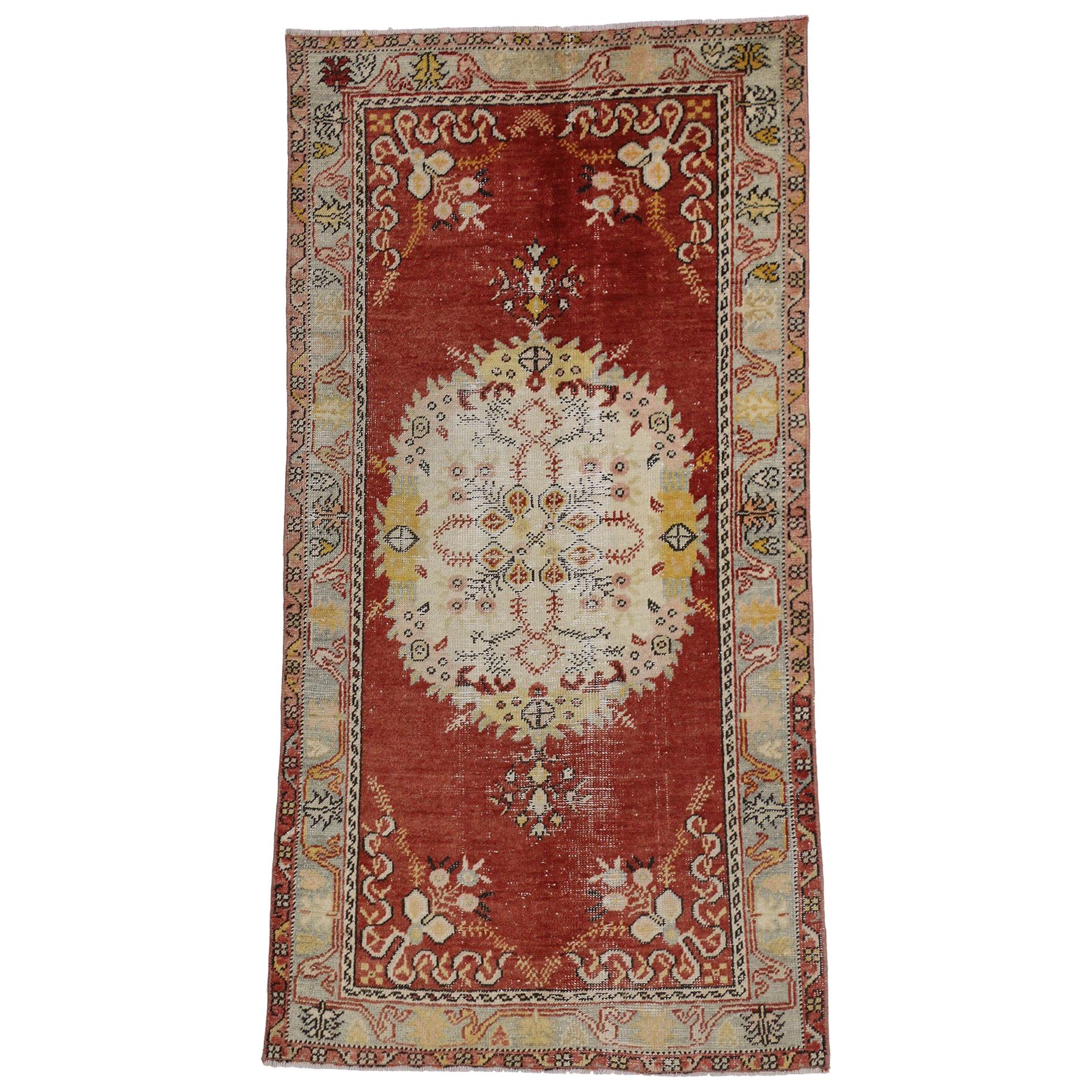Rustic Style Distressed Vintage Turkish Oushak Rug, Kitchen, Foyer or Entry Rug For Sale