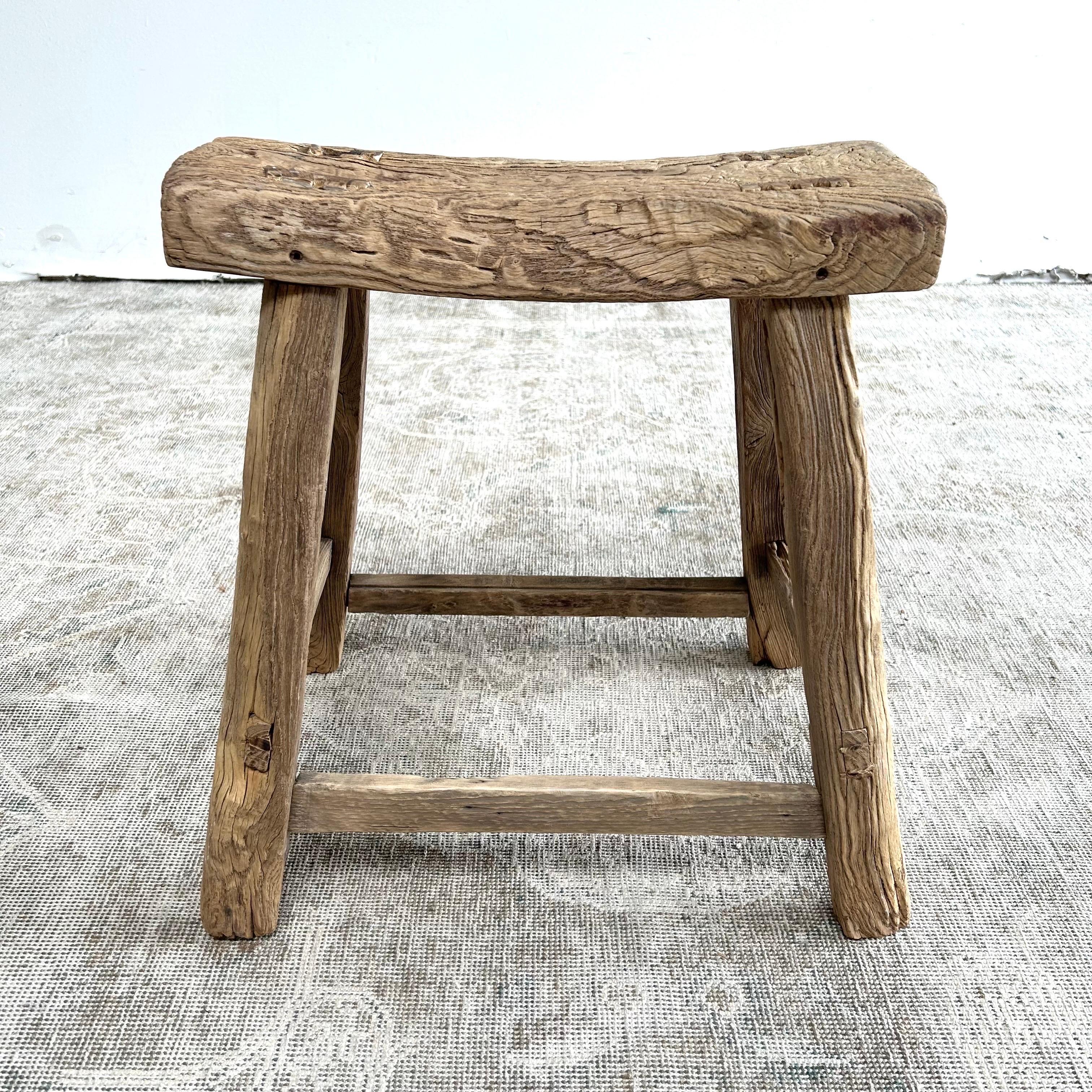 20th Century Rustic Style Elm Wood Stool with Curved Seat  For Sale