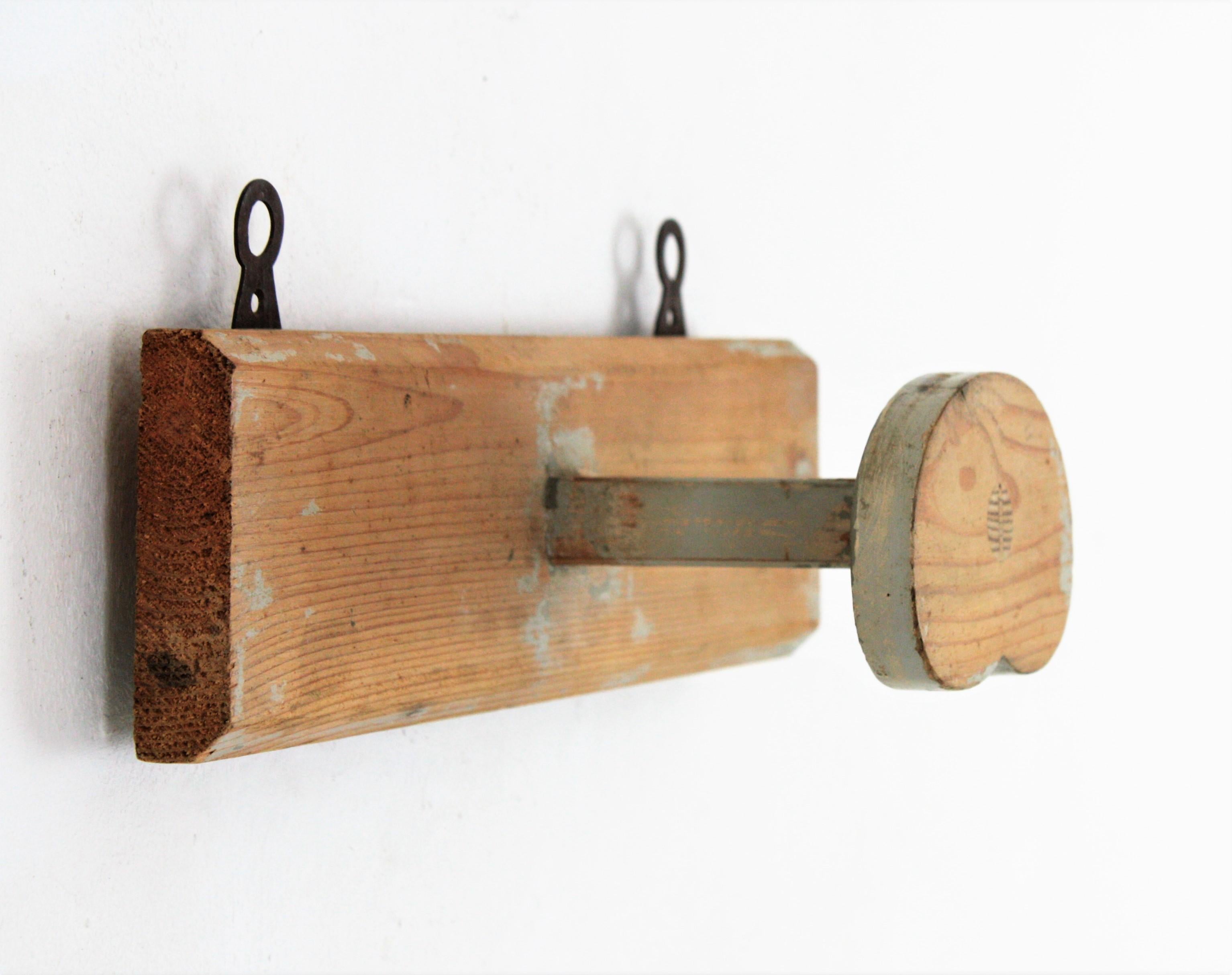Carved Spanish Rustic Wall Coat Rack in Patinated Wood  For Sale