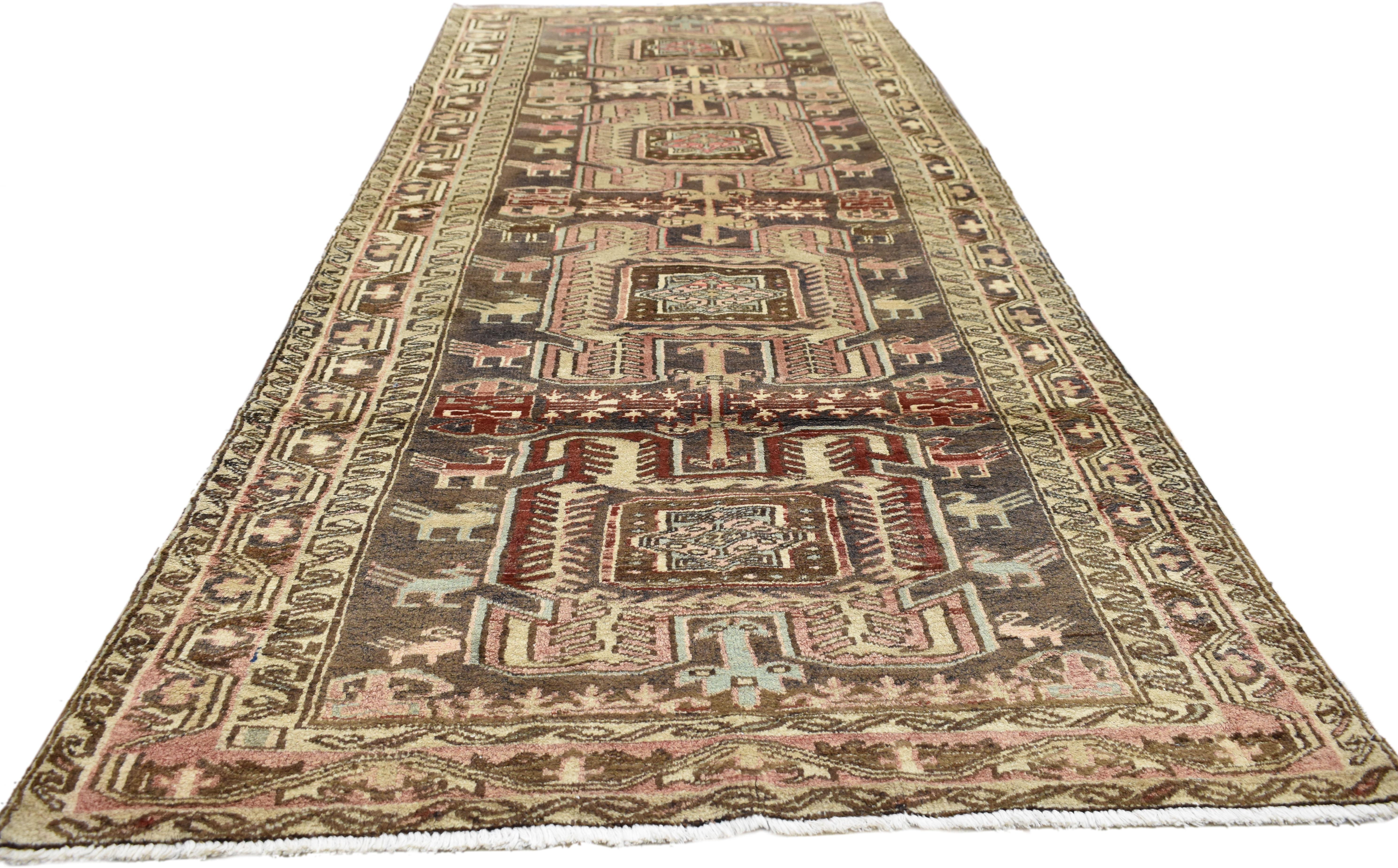 Hand-Knotted Rustic Style Vintage Persian Azerbaijan Runner, Wide Hallway Runner For Sale