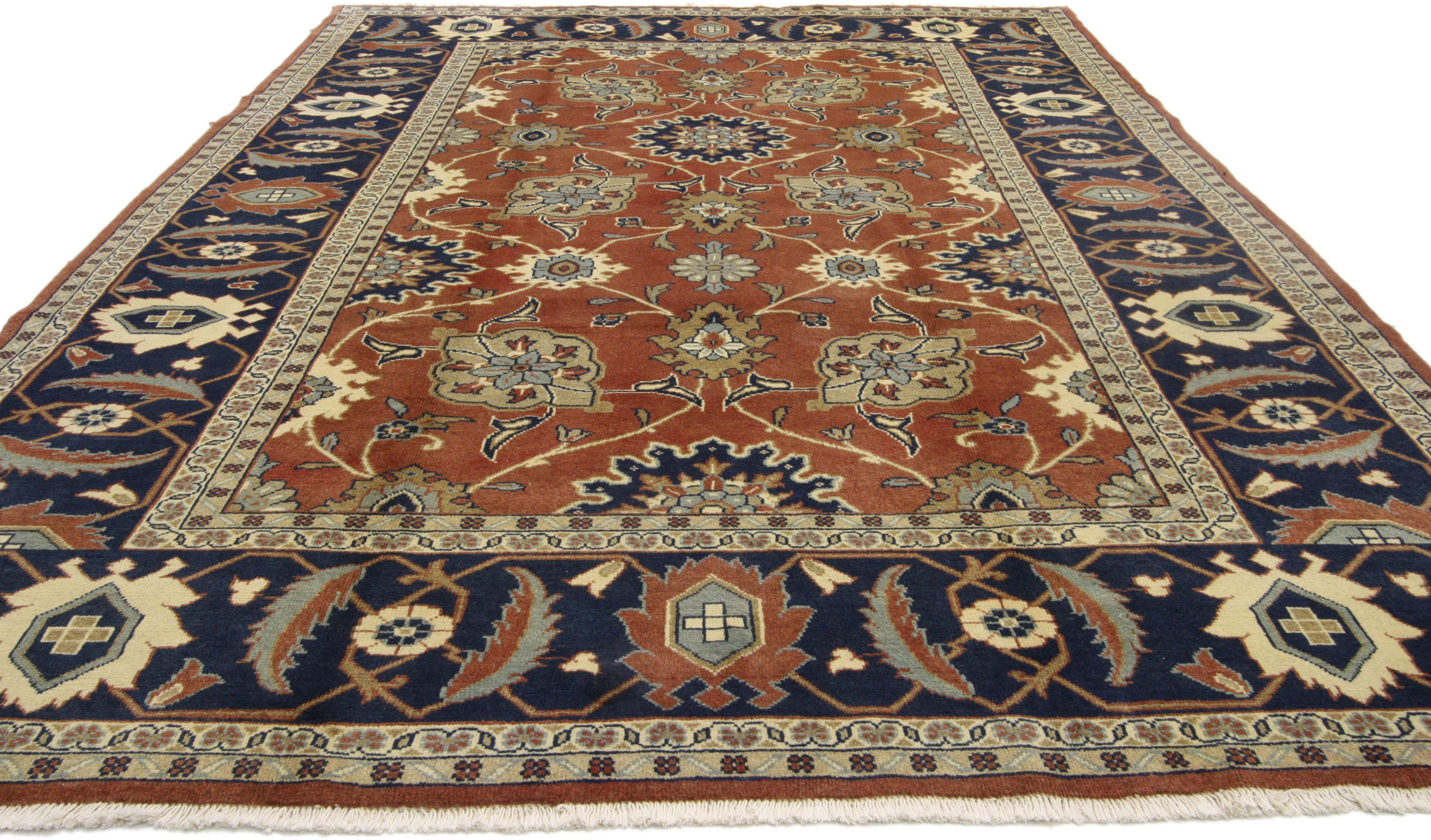 75842, Rustic style vintage Persian Mahal area rug. Stately with a bit of whimsical decadence this hand knotted wool vintage Persian Mahal area rug is the stylish answer to your upscale formal interior. Rendered in somber rust and ink blue tones