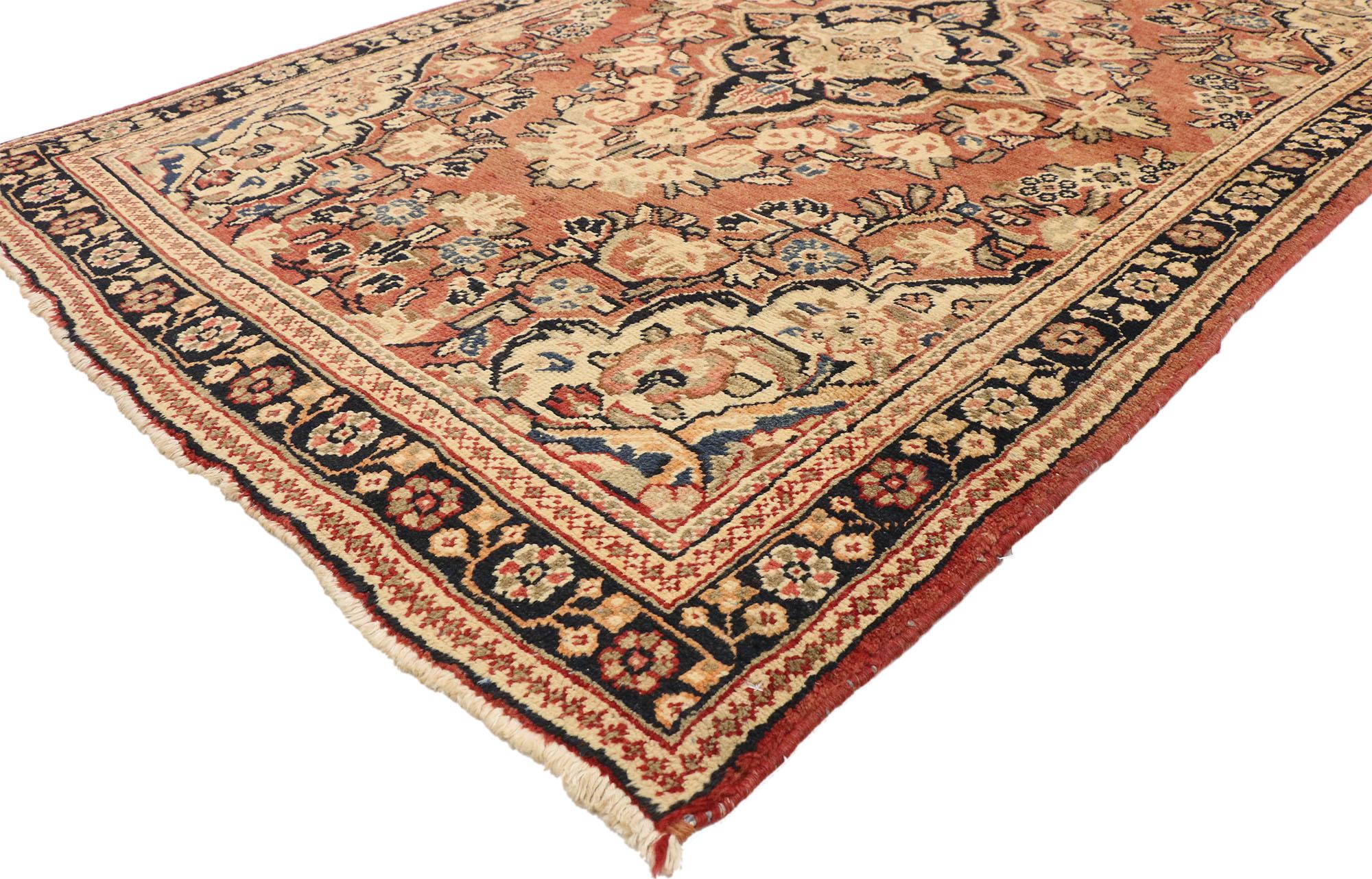 75536 Vintage Persian Mahal Rug with Modern Rustic English Country Cottage Style 04'02 x 06'07. Boasting a floral bounty in a range of warm hues, this hand-knotted wool vintage Persian Mahal rug beautifully embodies an English Country Cottage style