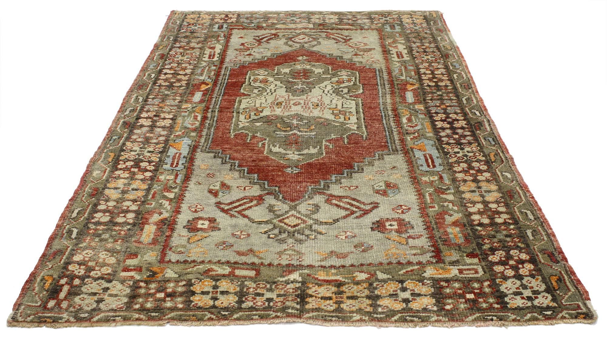 52257 Rustic style vintage Turkish Oushak accent rug, entry or foyer rug. Recalling the ancient symbolism of times gone by, the language of this vintage Turkish Oushak rug remains a mystery yet resonates strongly with design aesthetes today. This