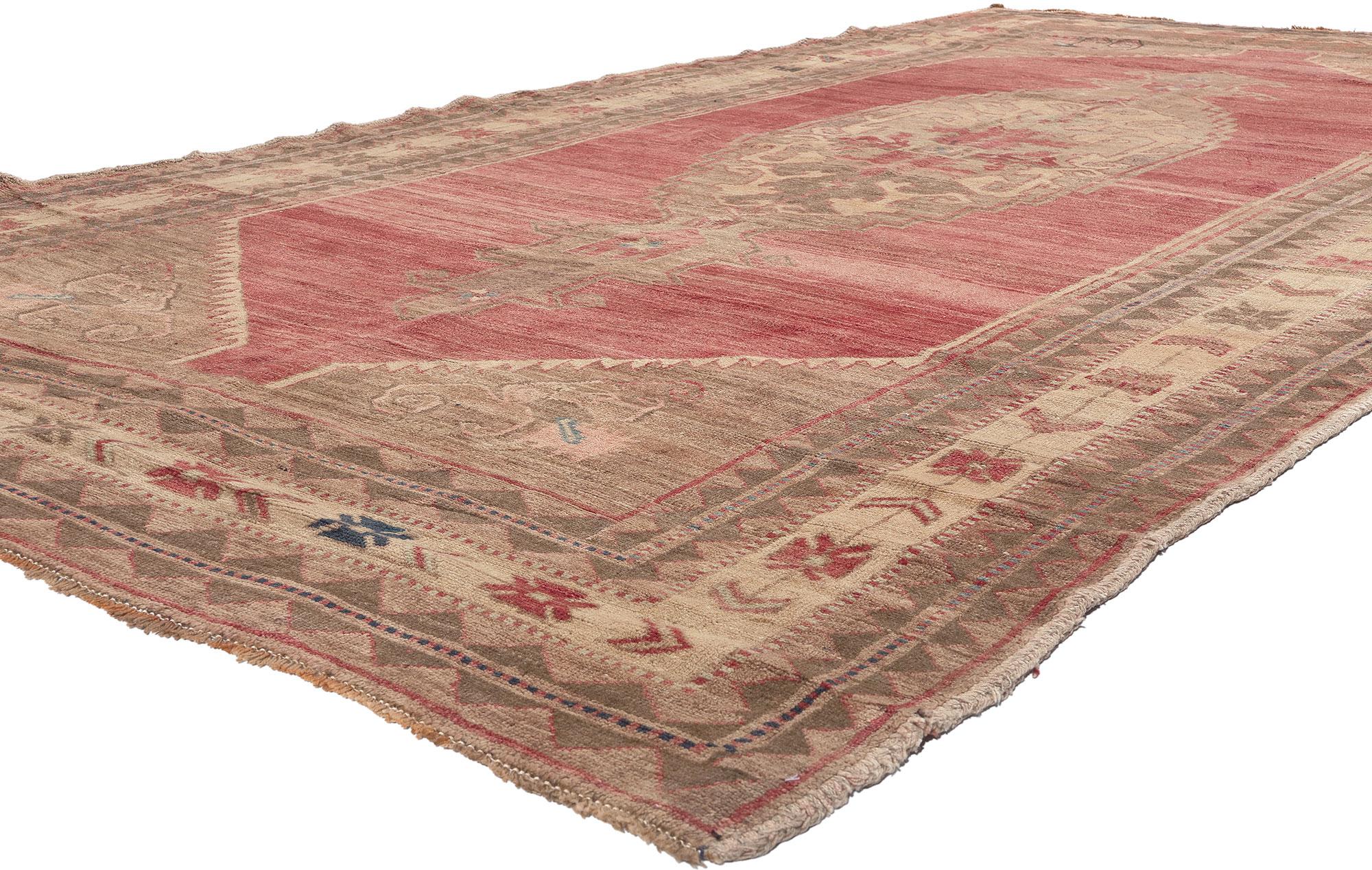 52419 Vintage Turkish Oushak Rug, 06'05 x 11'09. Embark on a journey where tribal enchantment meets traditional sensibility in this meticulously hand-knotted wool vintage Turkish Oushak rug. Rooted deeply in Anatolian tradition and adorned with