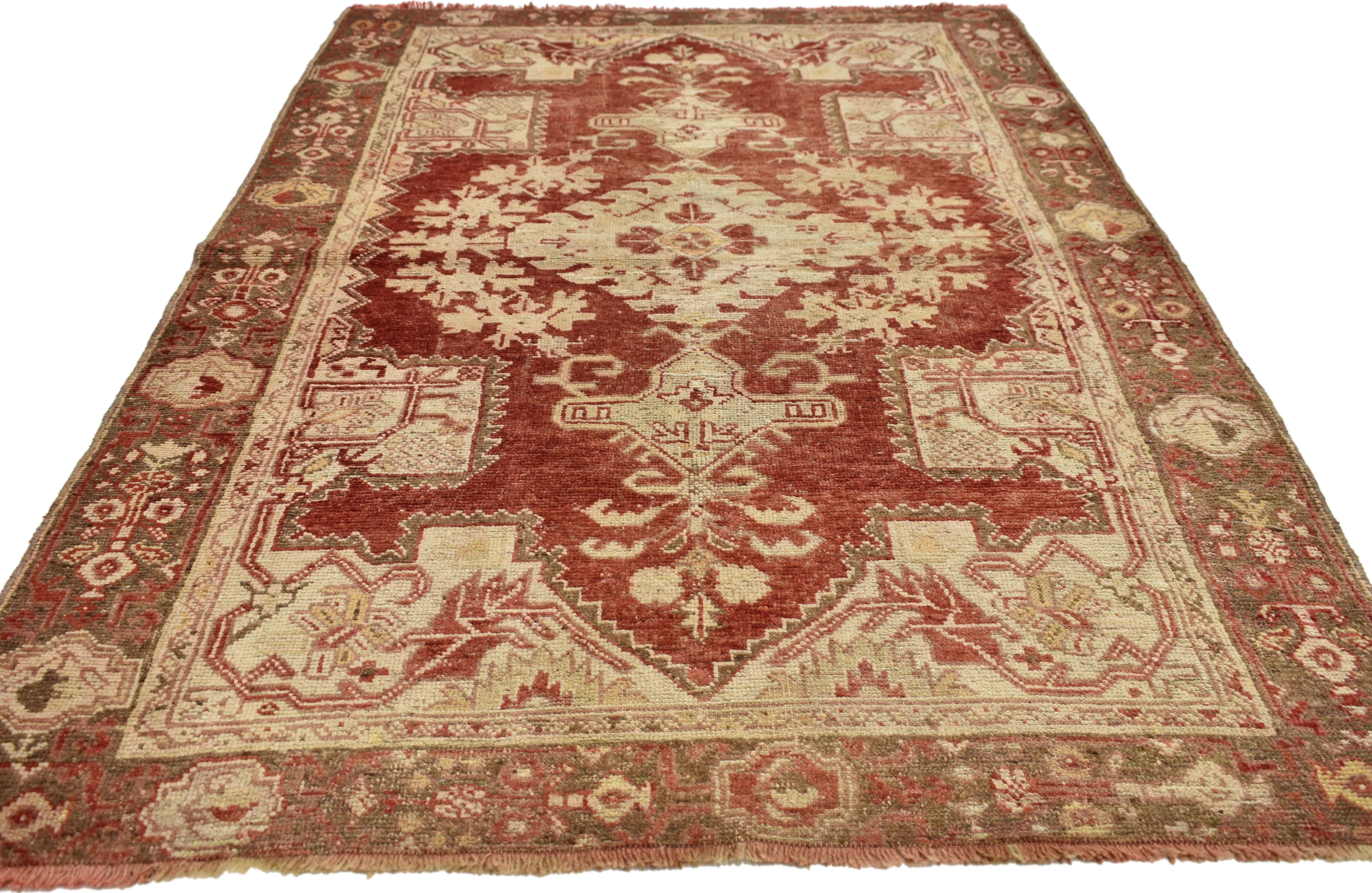 Hand-Knotted Rustic Style Vintage Turkish Oushak Rug for Kitchen, Foyer or Entry Rug For Sale