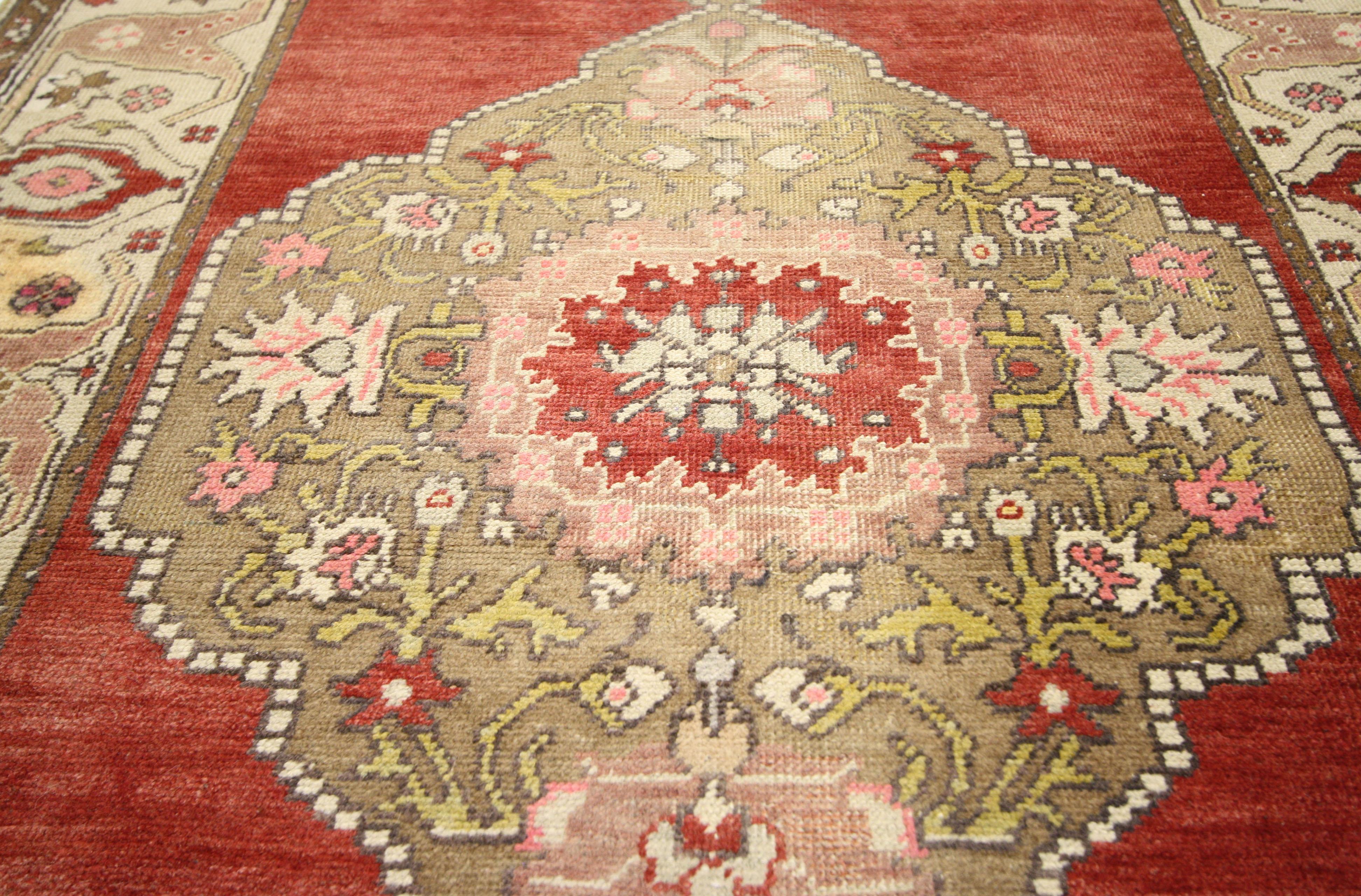 50757, vintage Turkish Oushak runner, hallway runner. Create entry envy or a fabulous foyer by adding color, pattern and style. This hand knotted wool vintage Turkish Oushak runner features three connected hexagonal medallions with floral pendants