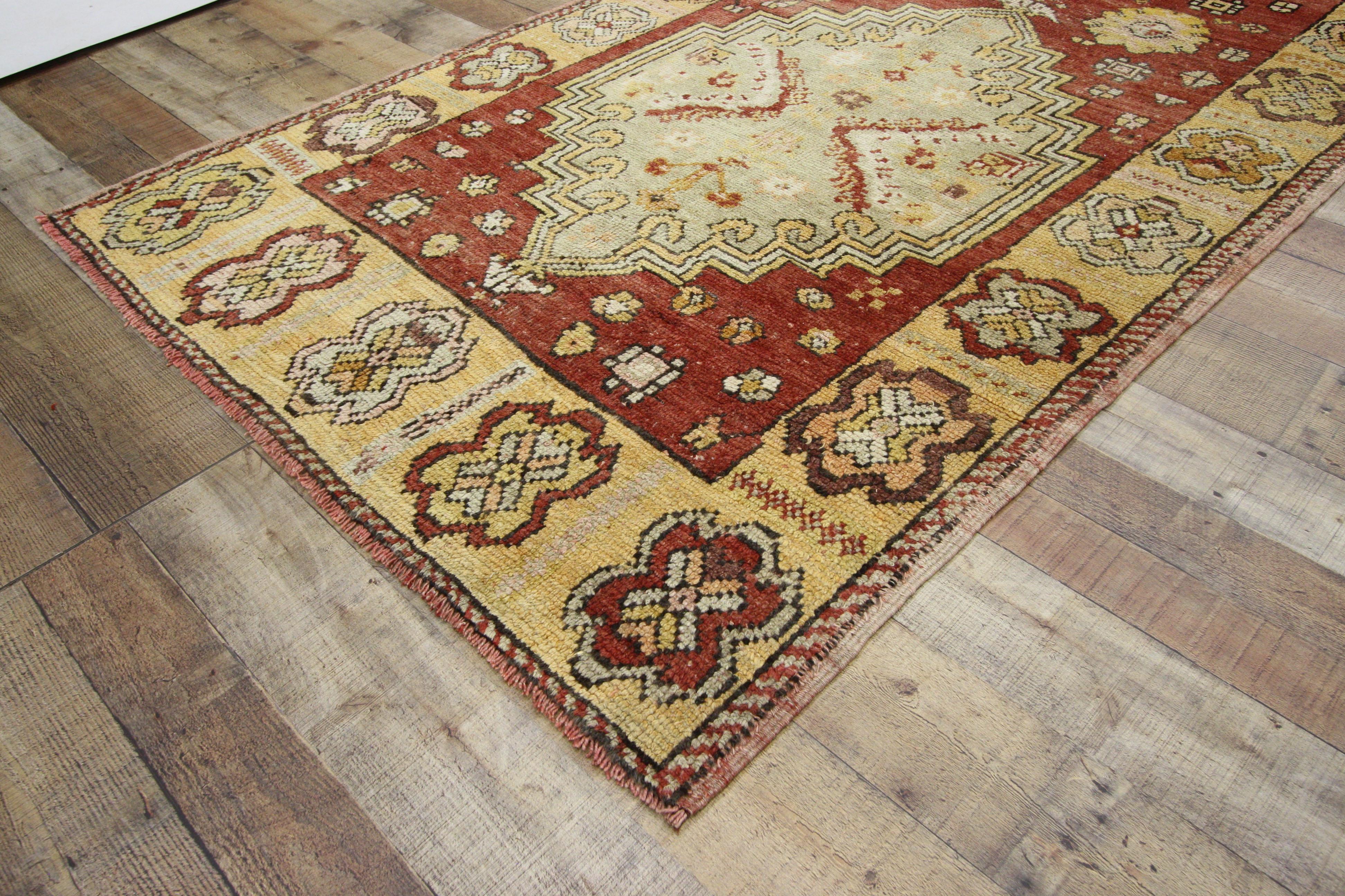 52404 Rustic Style Vintage Turkish Oushak runner, hallway runner 04'01 x 10'00. This hand-knotted wool vintage Turkish Oushak runner features two large stepped hexagonal medallions with floral pendants spread across an abrashed red field. Each